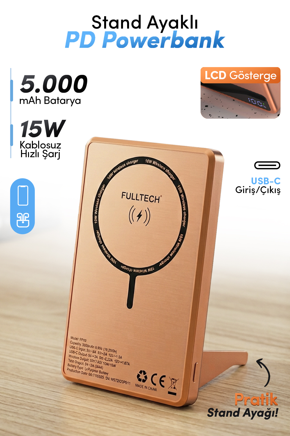 Fulltech FP49 5000 mAh MagSafe Uyumlu Kablosuz Powerbank Turuncu 15W Hızlı Şarjlı Taşınabilir Şarj Cihazı