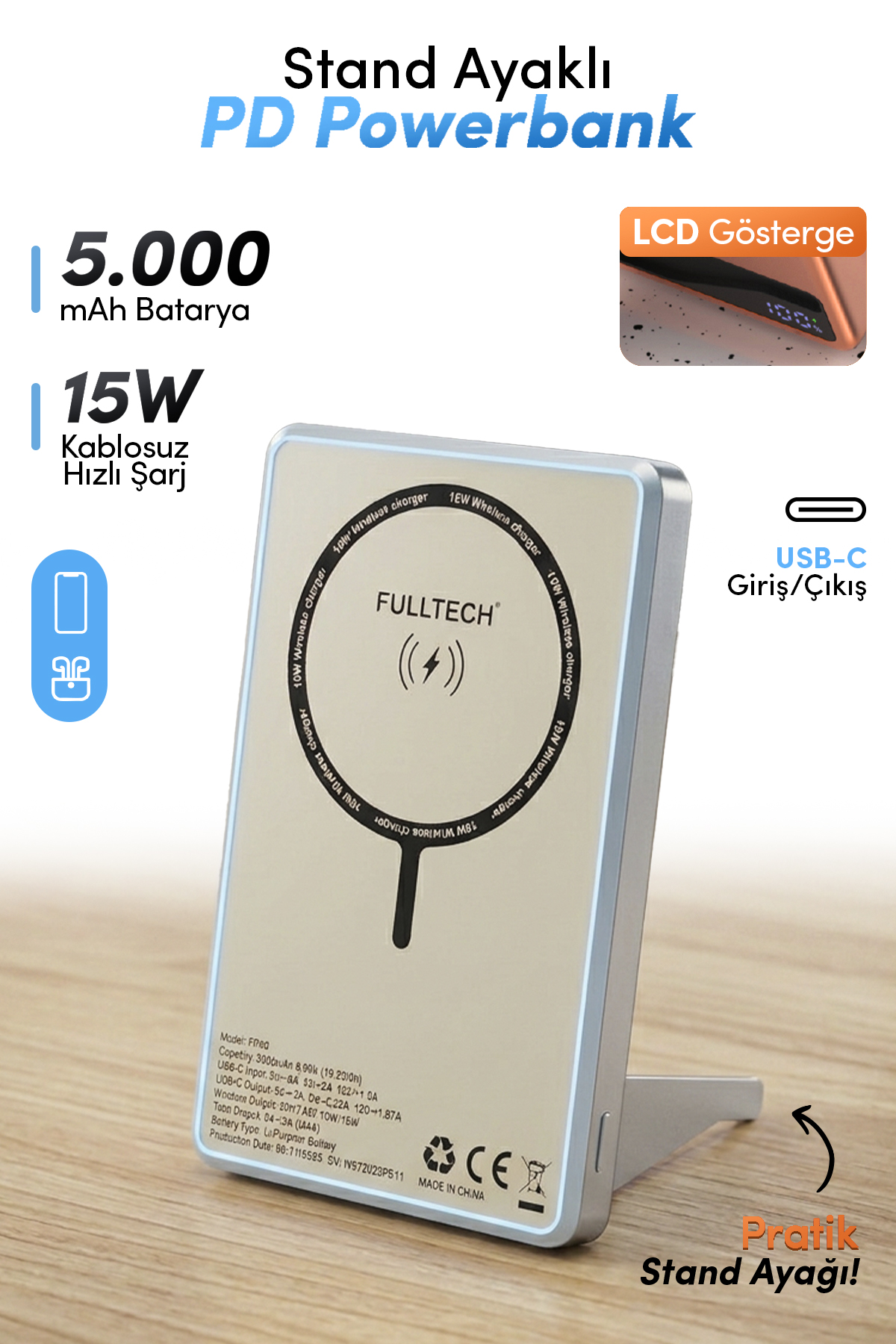 Fulltech FP49 5000 mAh MagSafe Uyumlu Kablosuz Powerbank Mavi 15W Hızlı Şarjlı Taşınabilir Şarj Cihazı