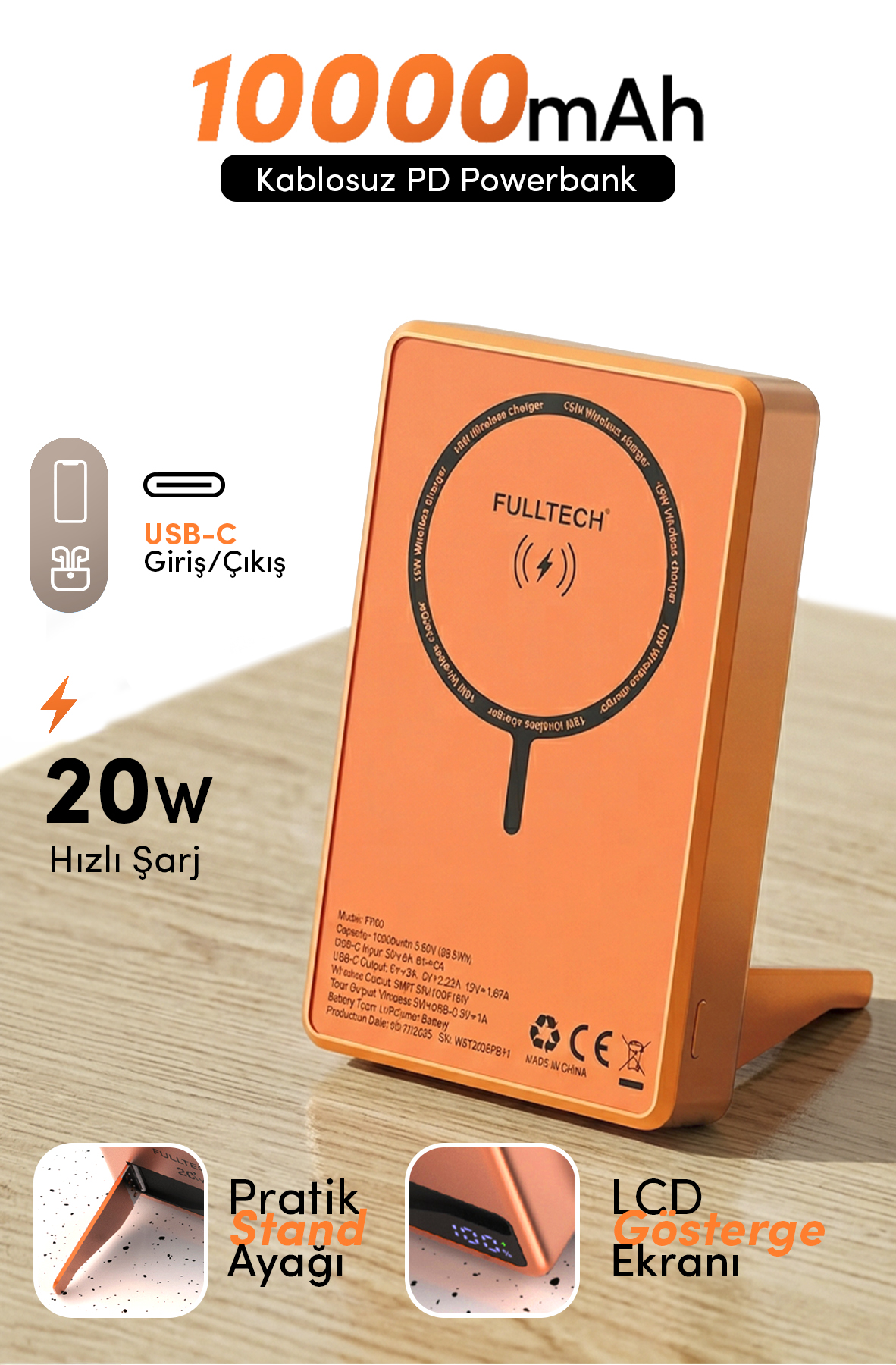 Fulltech FP50 MagSafe Wireless Powerbank Turuncu 10000mAh 20W LCD Ekranlı Standlı Taşınabilir Şarj Cihazı