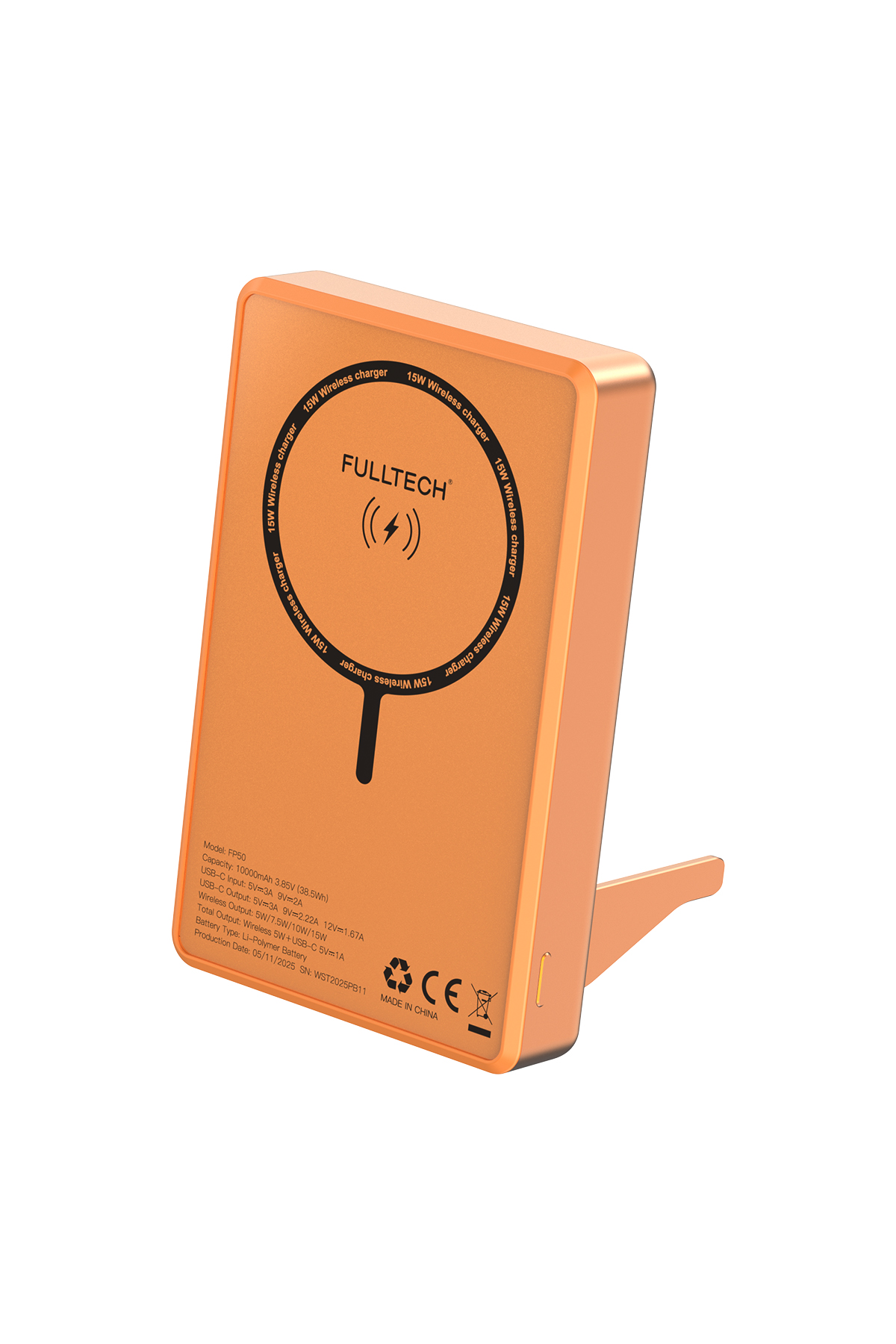 Fulltech FP50 MagSafe Wireless Powerbank Turuncu 10000mAh 20W LCD Ekranlı Standlı Taşınabilir Şarj Cihazı
