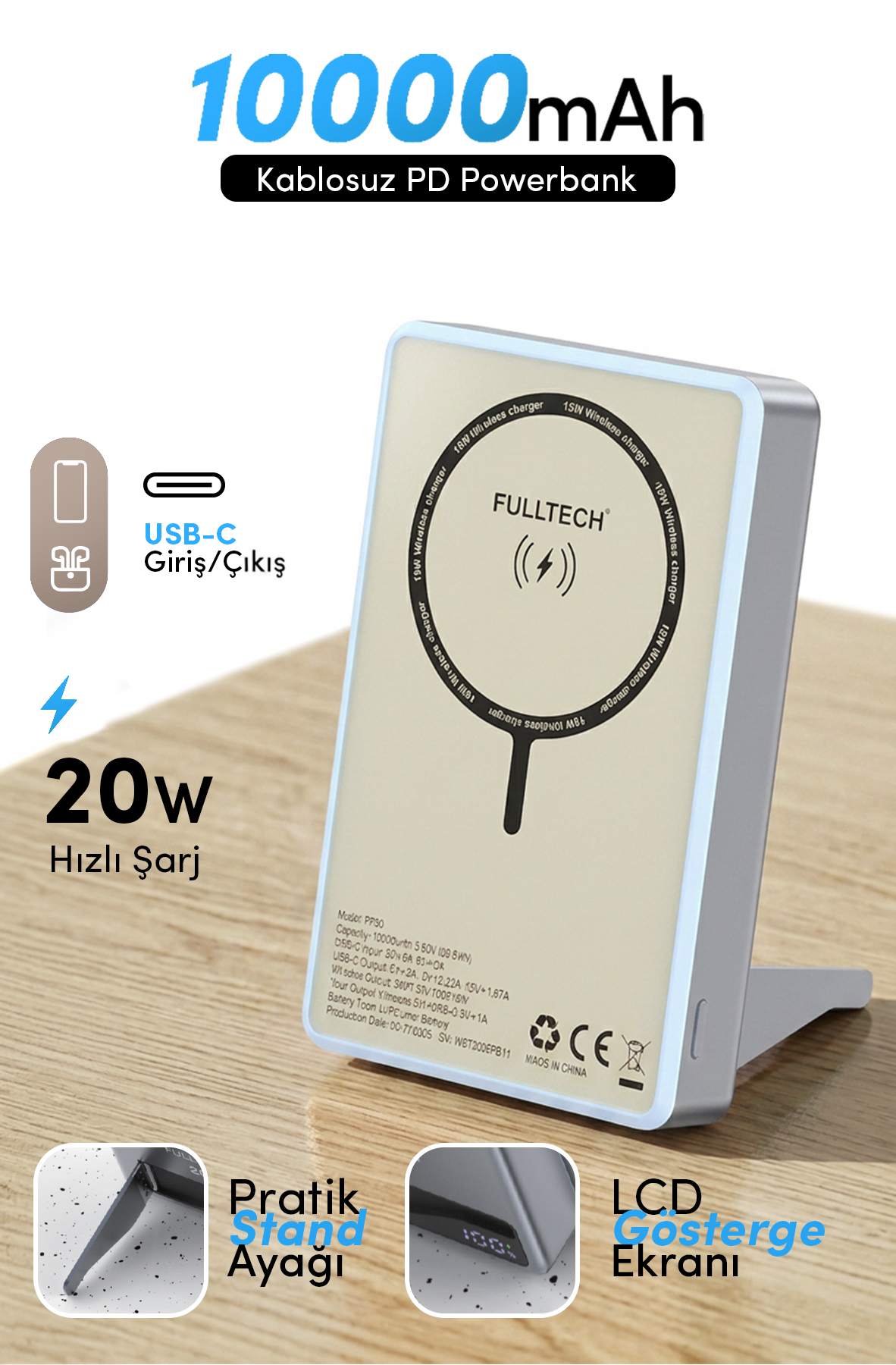 Fulltech FP50 MagSafe Wireless Powerbank Mavi 10000mAh 20W LCD Ekranlı Standlı Taşınabilir Şarj Cihazı