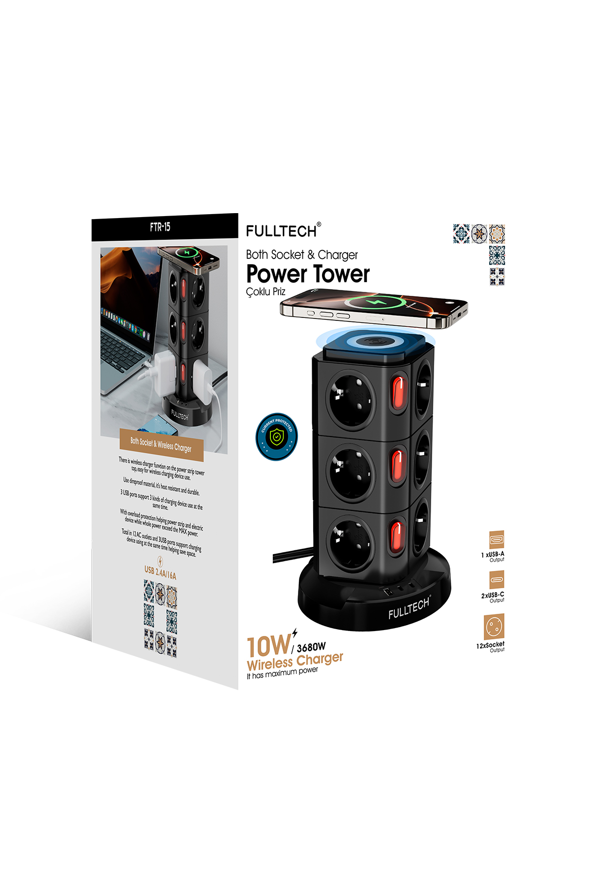 Fulltech FTR-15 Power Tower Dikey Priz | 12’li Çoklu Soket, 10W Kablosuz Şarj, 3680W Güç, USB Çıkışlı Akıllı Priz