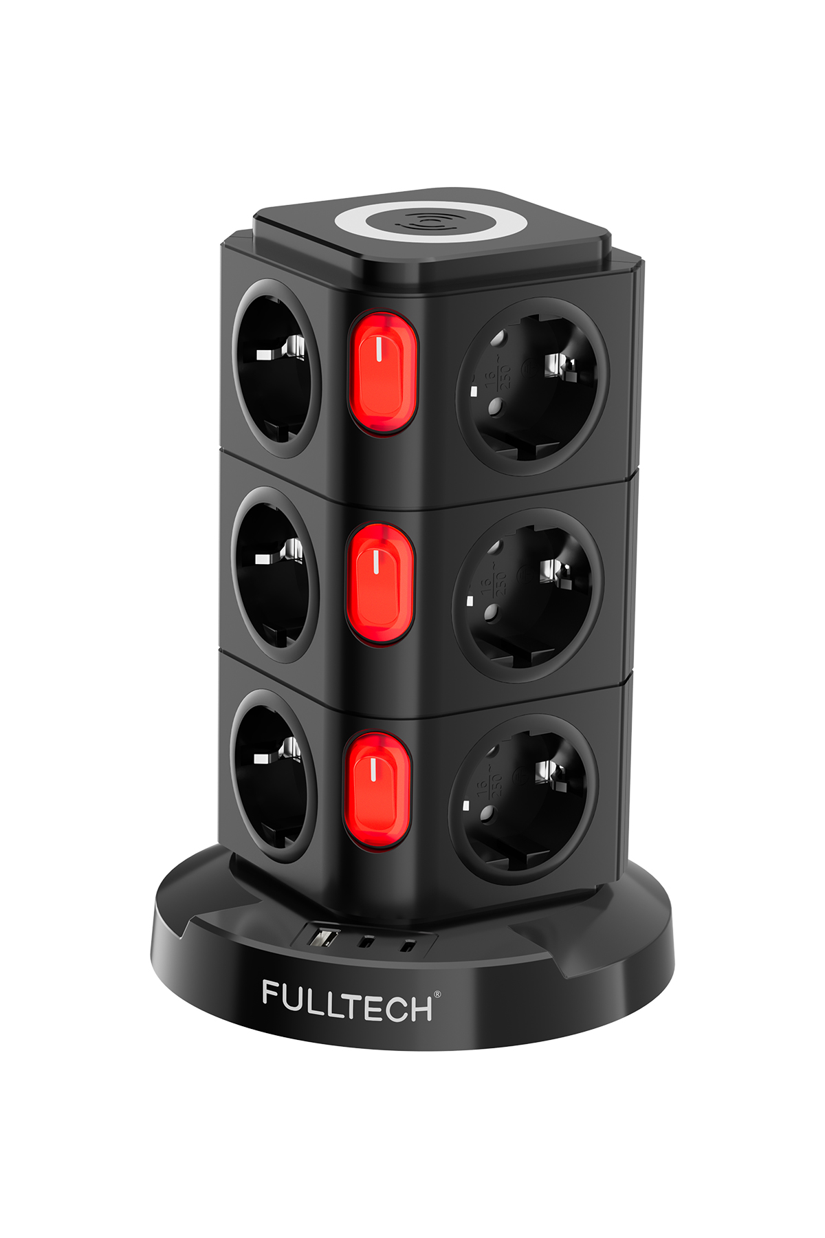 Fulltech FTR-15 Power Tower Dikey Priz | 12’li Çoklu Soket, 10W Kablosuz Şarj, 3680W Güç, USB Çıkışlı Akıllı Priz