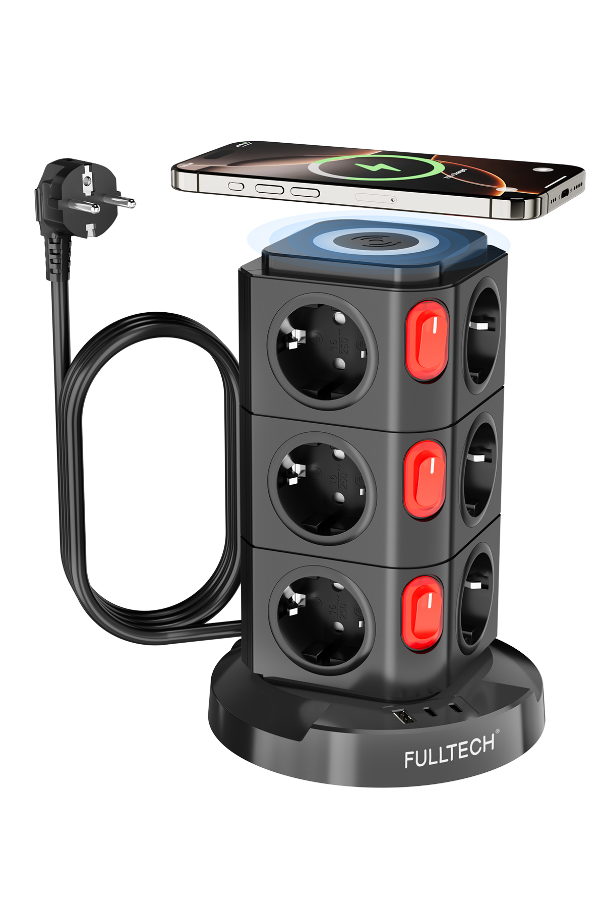 Fulltech FTR-15 Power Tower Dikey Priz | 12’li Çoklu Soket, 10W Kablosuz Şarj, 3680W Güç, USB Çıkışlı Akıllı Priz