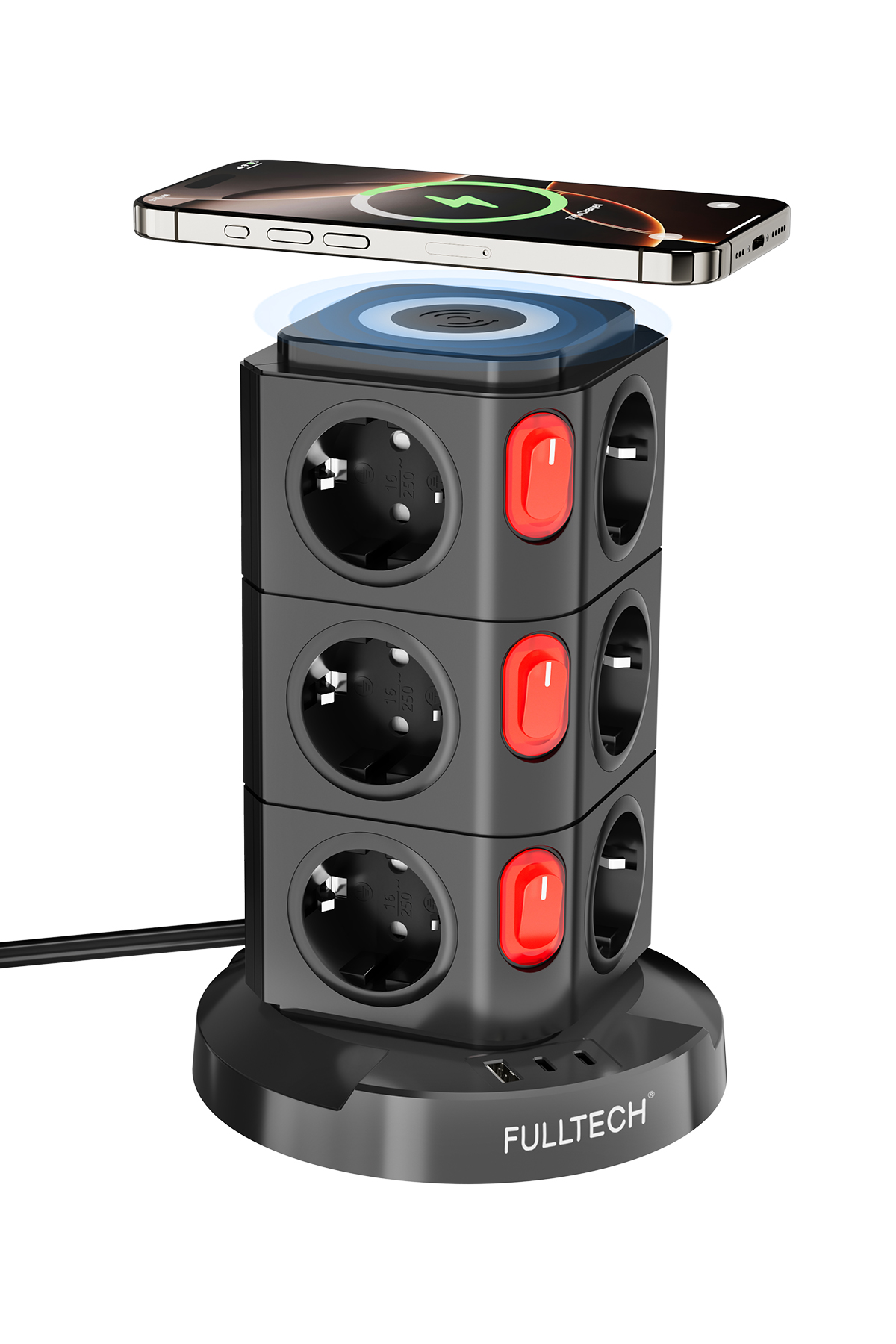 Fulltech FTR-15 Power Tower Dikey Priz | 12’li Çoklu Soket, 10W Kablosuz Şarj, 3680W Güç, USB Çıkışlı Akıllı Priz