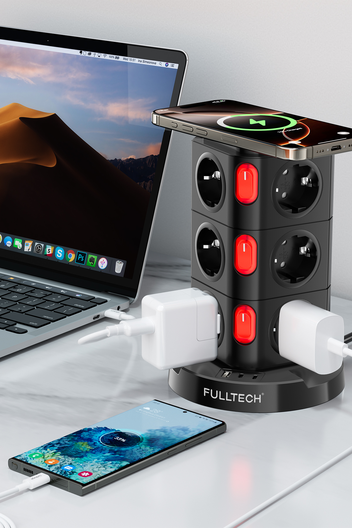 Fulltech FTR-15 Power Tower Dikey Priz | 12’li Çoklu Soket, 10W Kablosuz Şarj, 3680W Güç, USB Çıkışlı Akıllı Priz