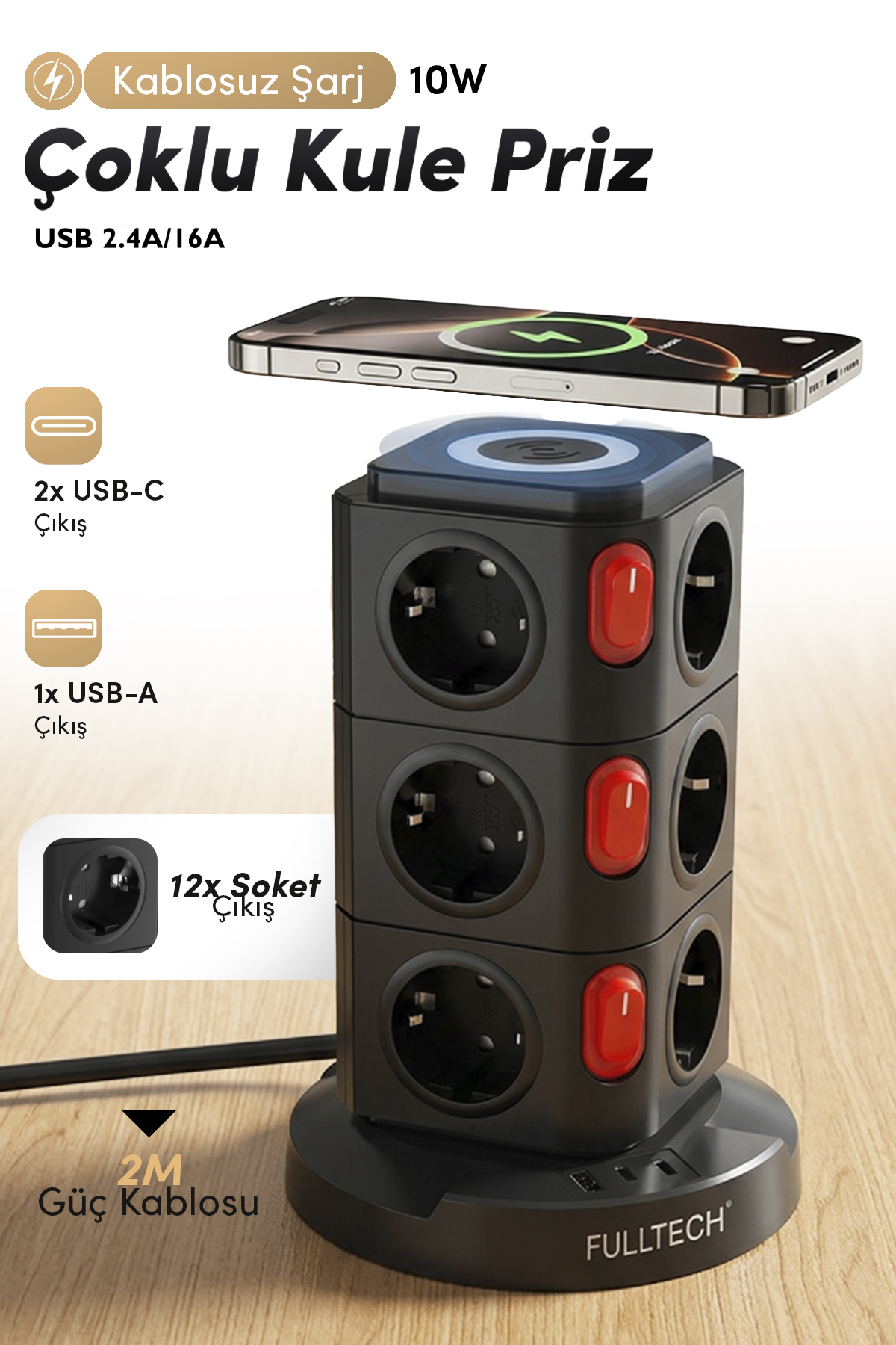 Fulltech FTR-15 Power Tower Dikey Priz | 12’li Çoklu Soket, 10W Kablosuz Şarj, 3680W Güç, USB Çıkışlı Akıllı Priz