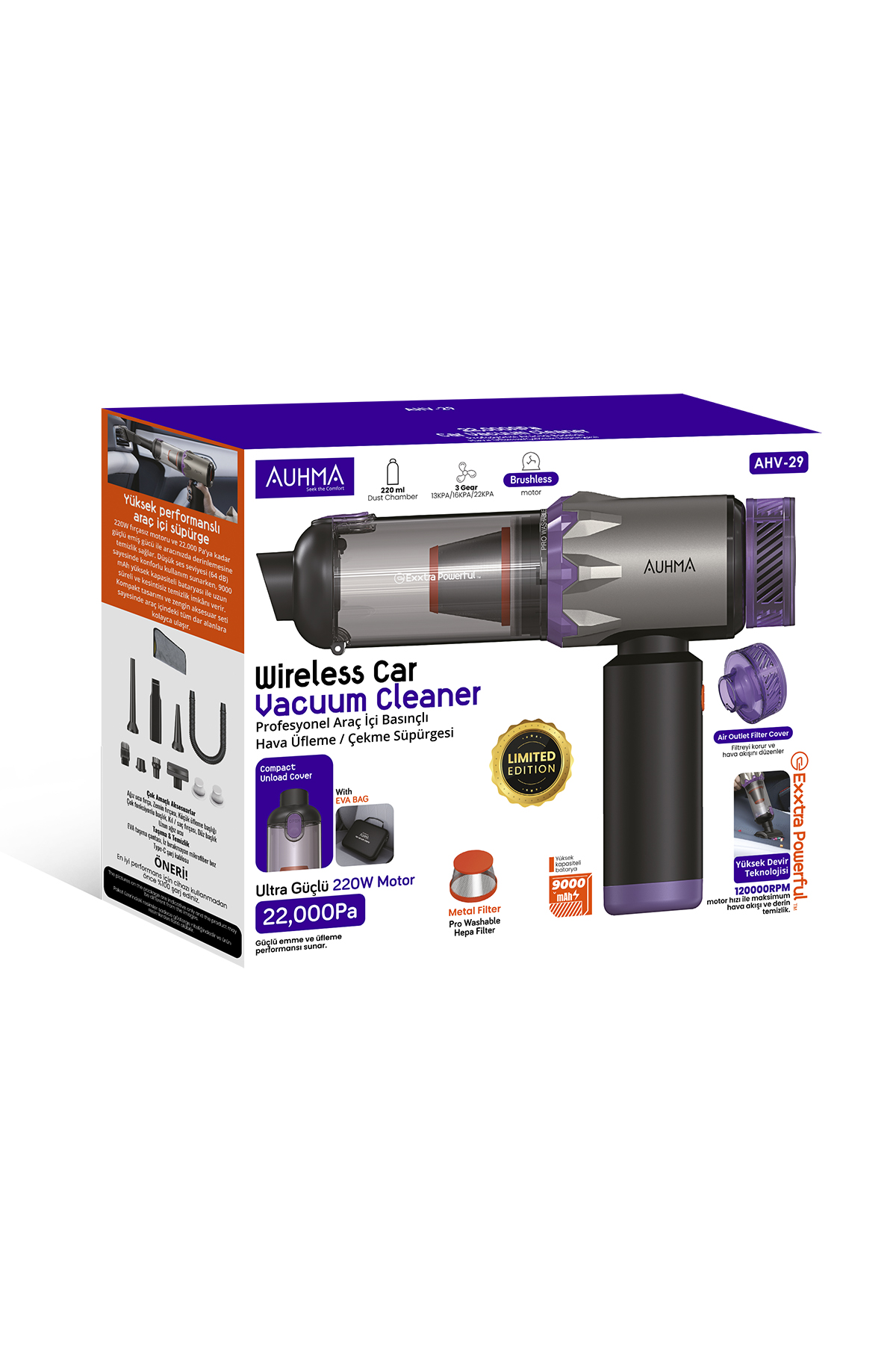 Auhma AHV-29 Kablosuz Araç Süpürgesi 220W 22000Pa Güçlü Vakum & Üfleme Özellikli Şarjlı Oto Süpürge