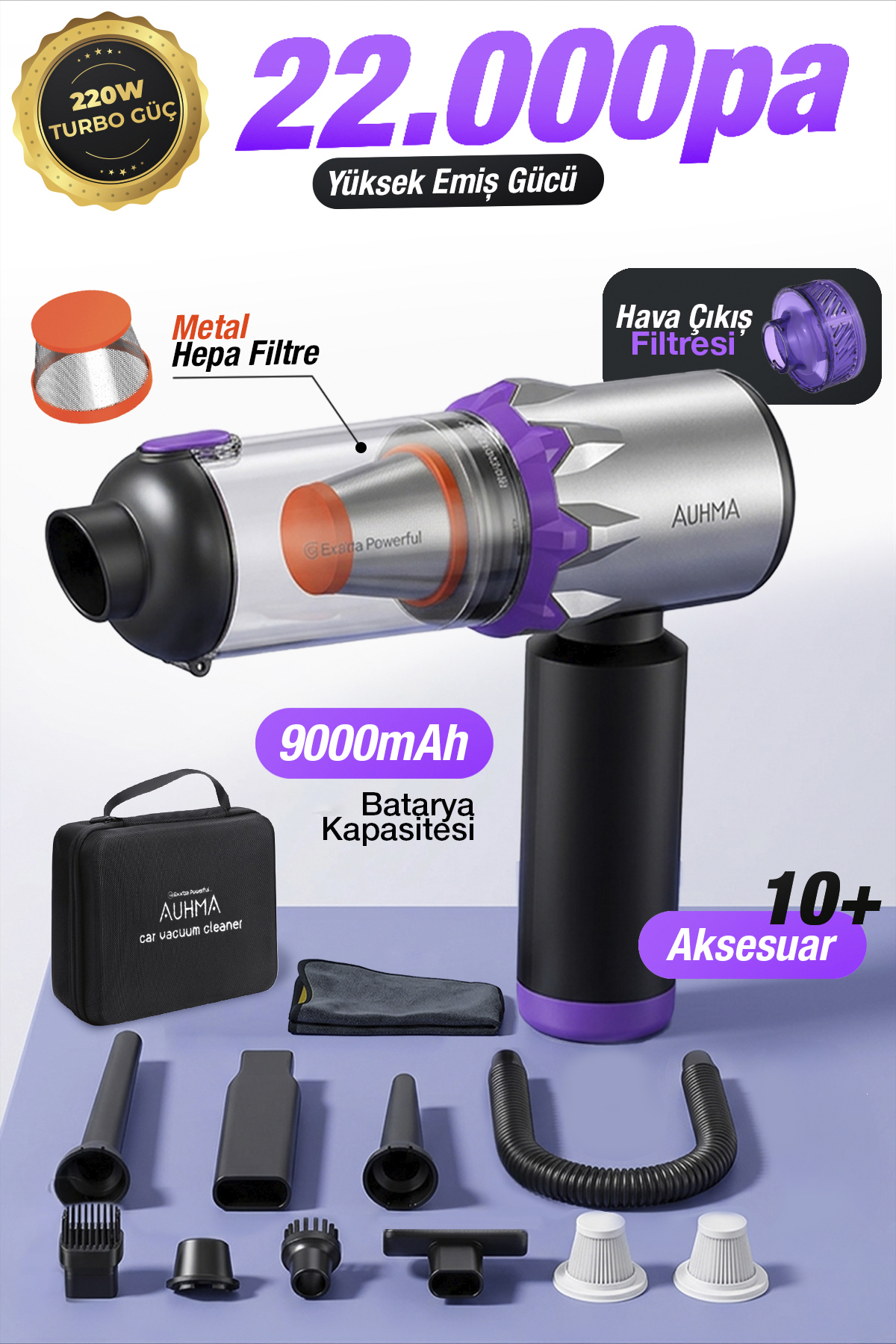Auhma AHV-29 Kablosuz Araç Süpürgesi 220W 22000Pa Güçlü Vakum & Üfleme Özellikli Şarjlı Oto Süpürge