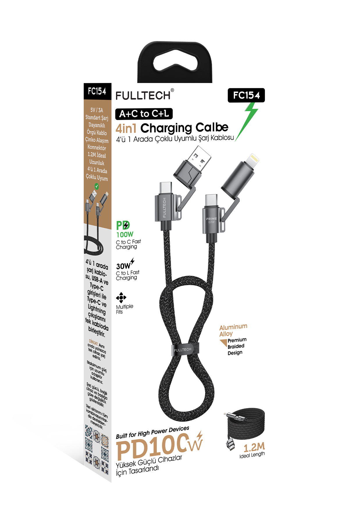 Fulltech FC154 4’ü 1 Arada Şarj Kablosu PD 100W Type-C & Lightning Hızlı Şarj Kablo (A+C to C+L, 1.2M Örgü Kablo)