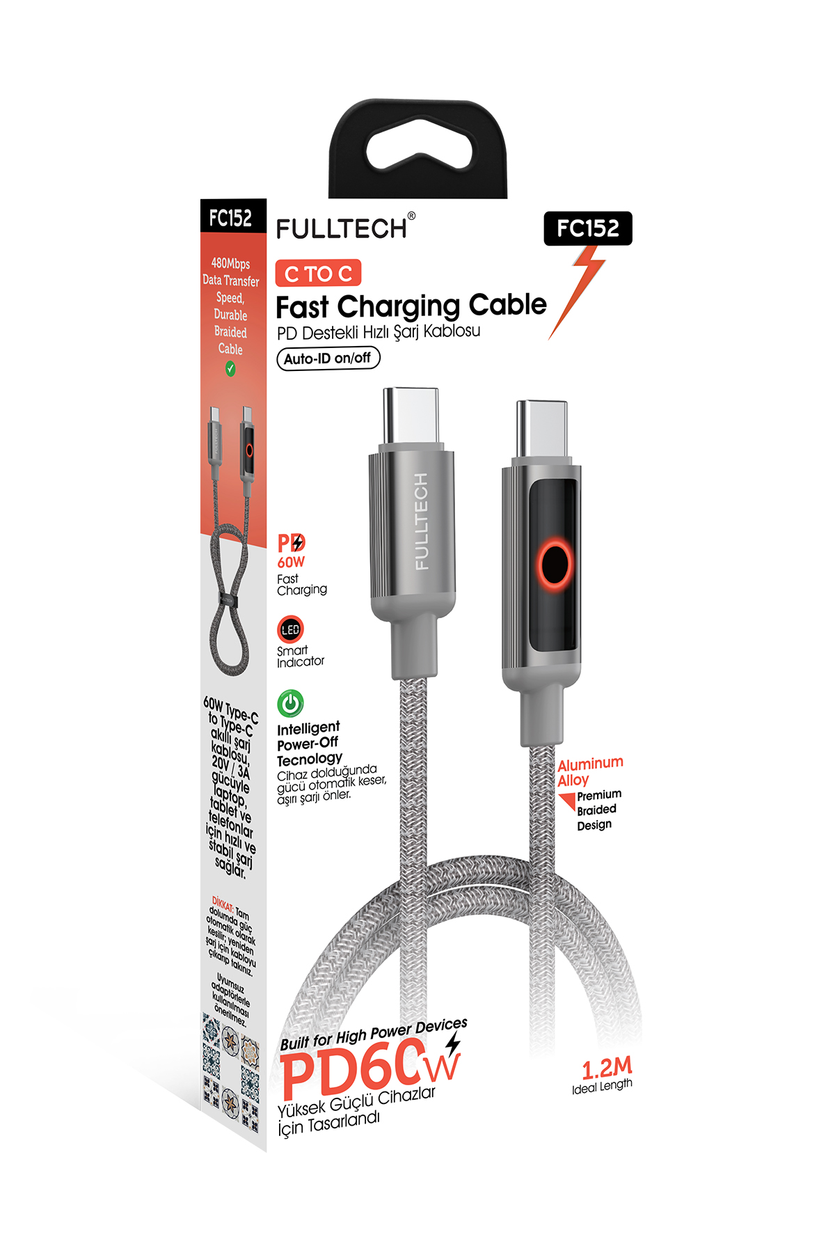 Fulltech FC152 Type-C to Type-C PD 60W Hızlı Şarj Kablosu 1.2M – 480Mbps Veri Transferi, LED Göstergeli, Örgü Dayanıklı Kablo