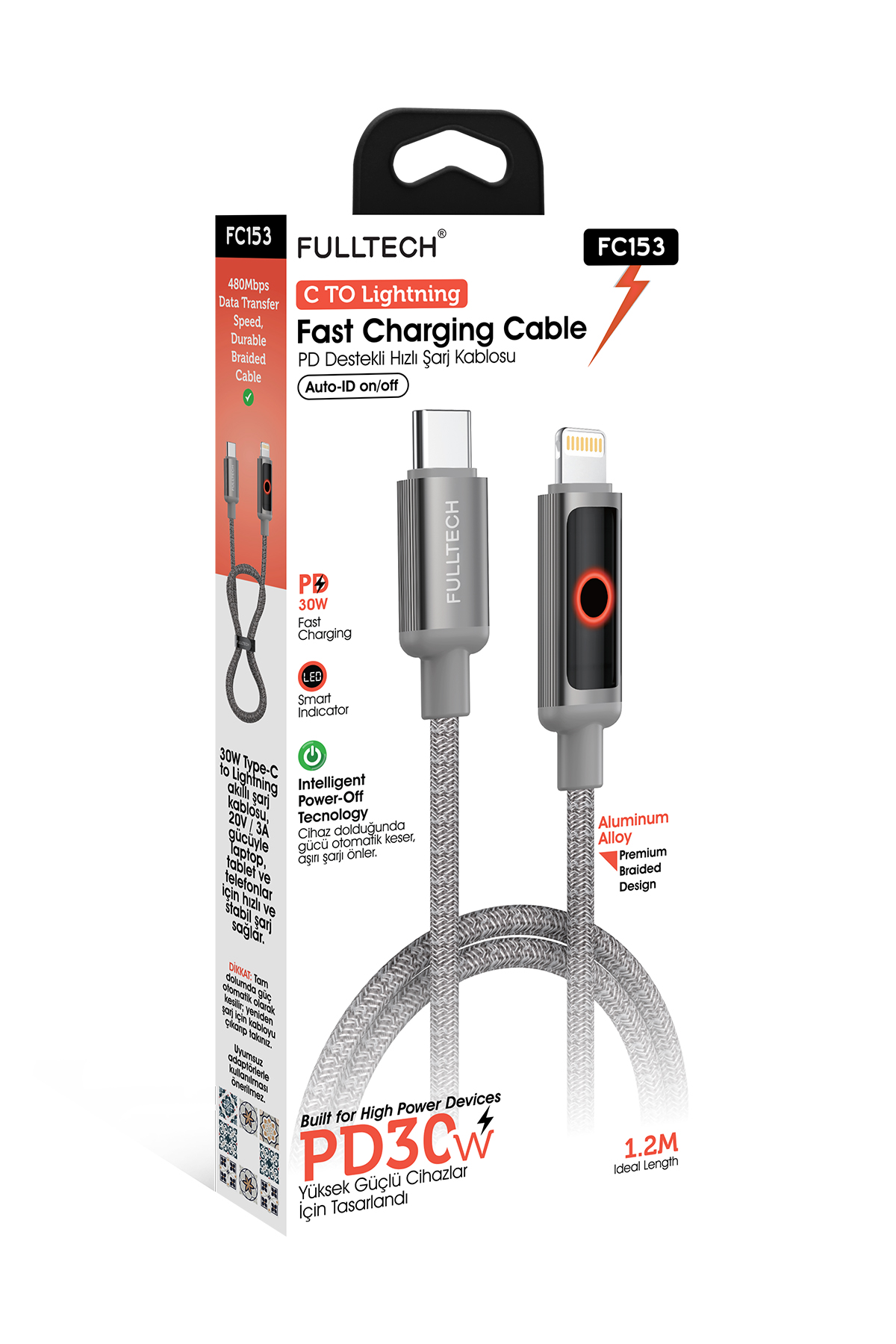 Fulltech FC153 Type-C to Lightning PD 30W Hızlı Şarj Kablosu 1.2M – iPhone Uyumlu, 480Mbps Veri Transferi, LED Göstergeli Örgü Kablo