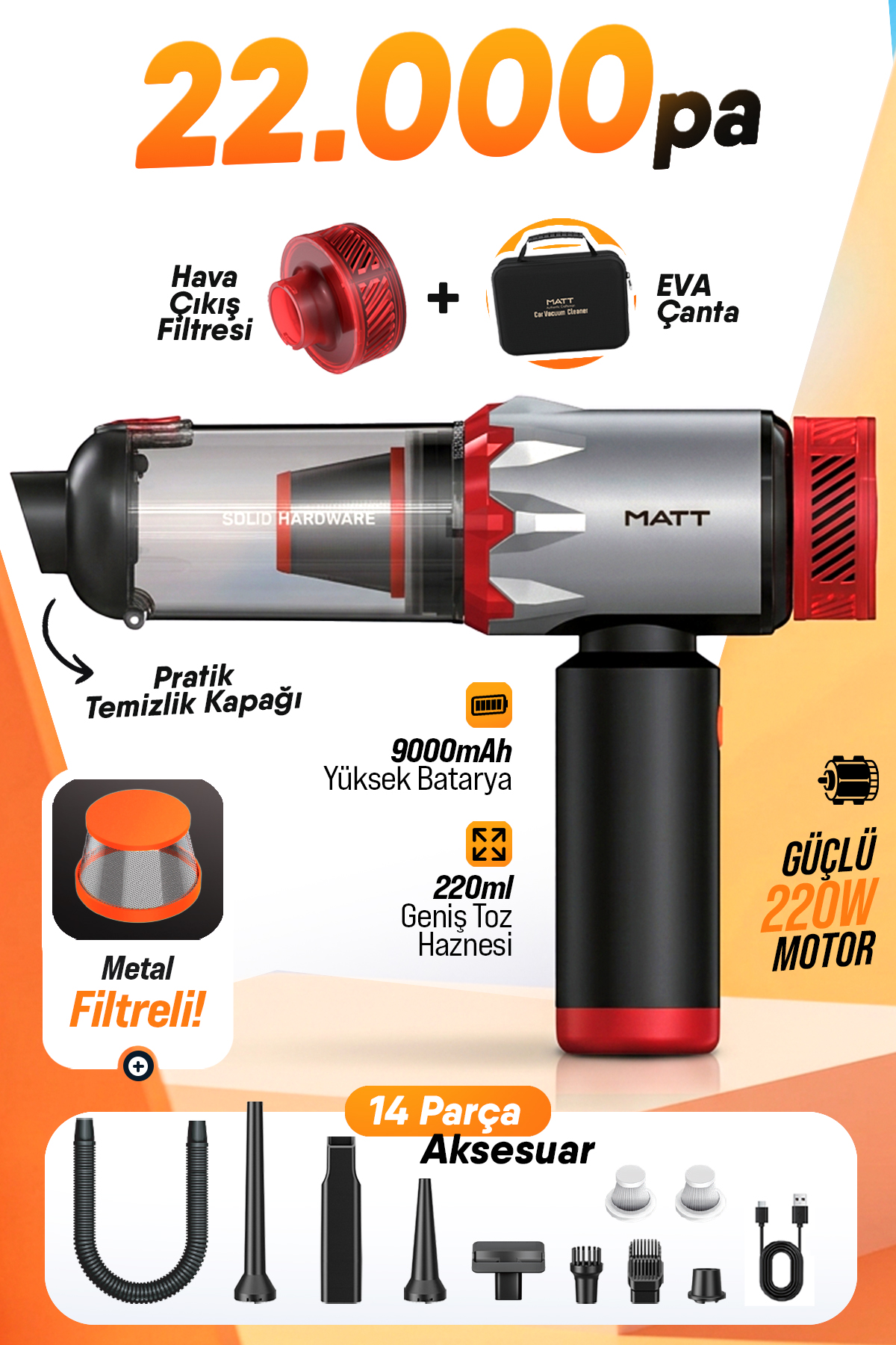 MATT MCV22 Şarjlı Araç Süpürgesi Kırmızı 22.000Pa Güçlü Vakumlu Mini El Süpürgesi Type-C Şarjlı 220ML