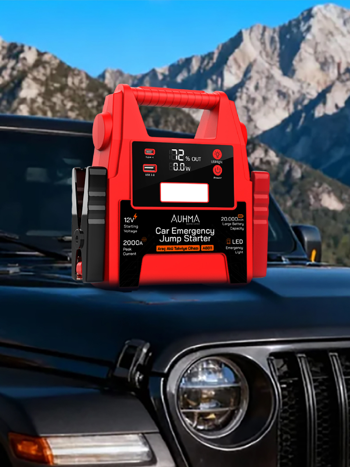 AUHMA A8811 12V Car Emergency Jump Starter 20000mAh Akü Takviye Cihazı Powerbank LED Fenerli Araç Acil Marş Basma Cihazı