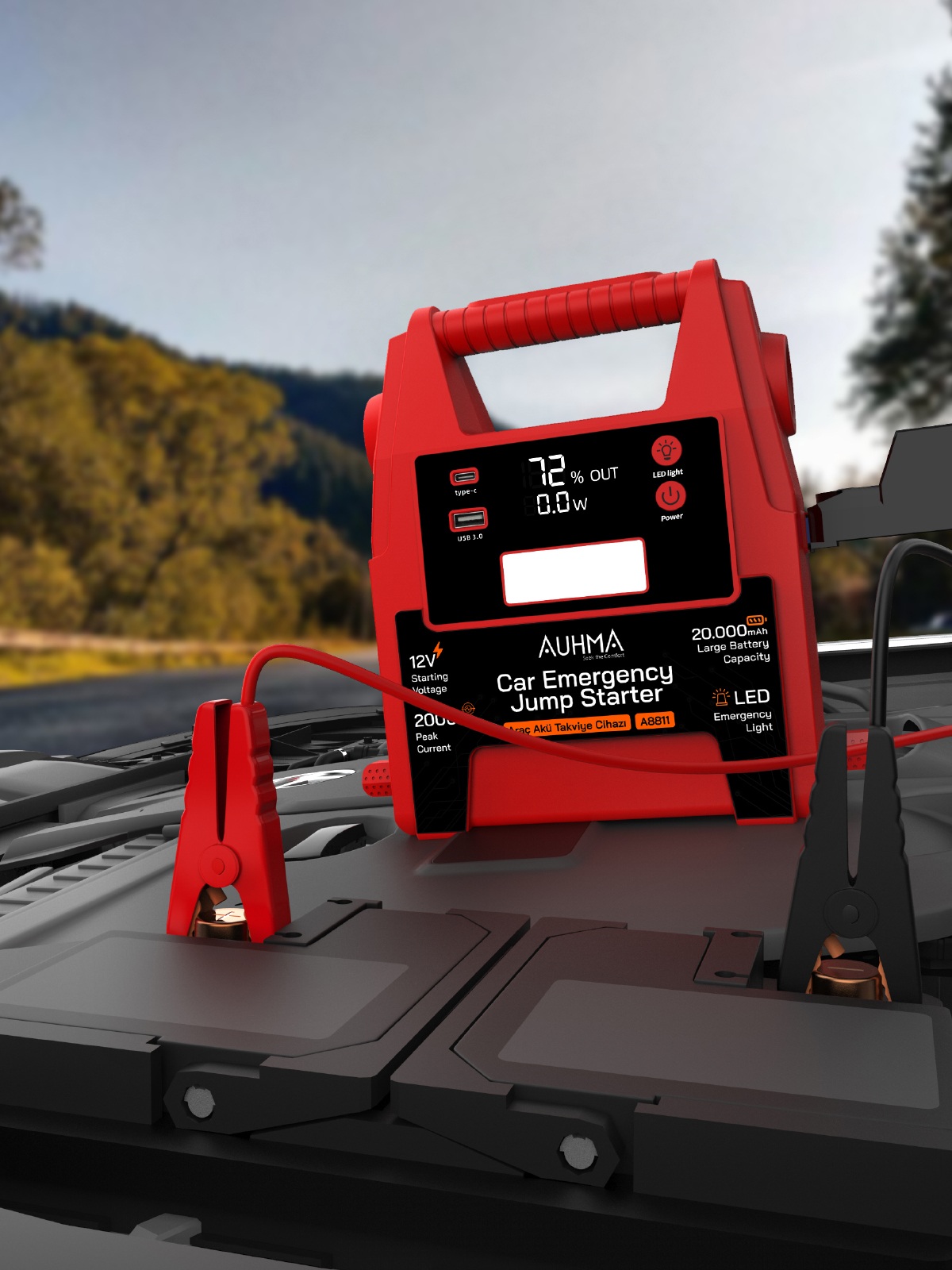 AUHMA A8811 12V Car Emergency Jump Starter 20000mAh Akü Takviye Cihazı Powerbank LED Fenerli Araç Acil Marş Basma Cihazı