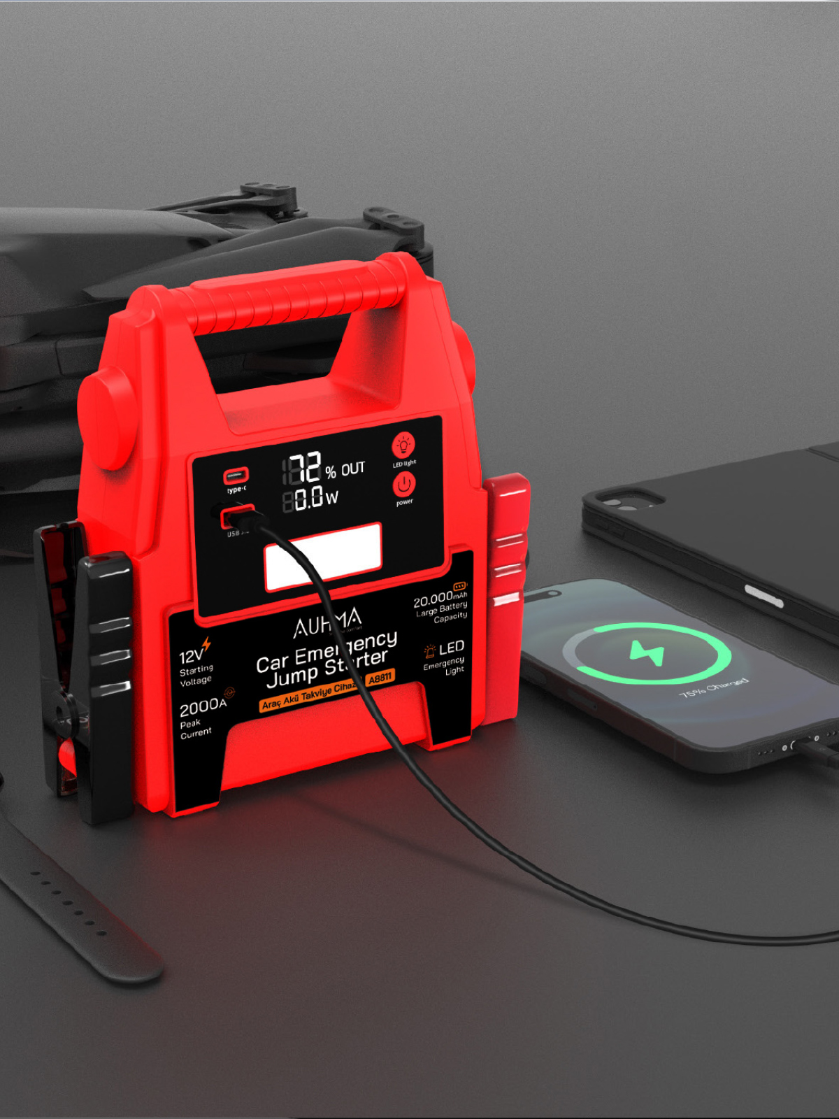 AUHMA A8811 12V Car Emergency Jump Starter 20000mAh Akü Takviye Cihazı Powerbank LED Fenerli Araç Acil Marş Basma Cihazı