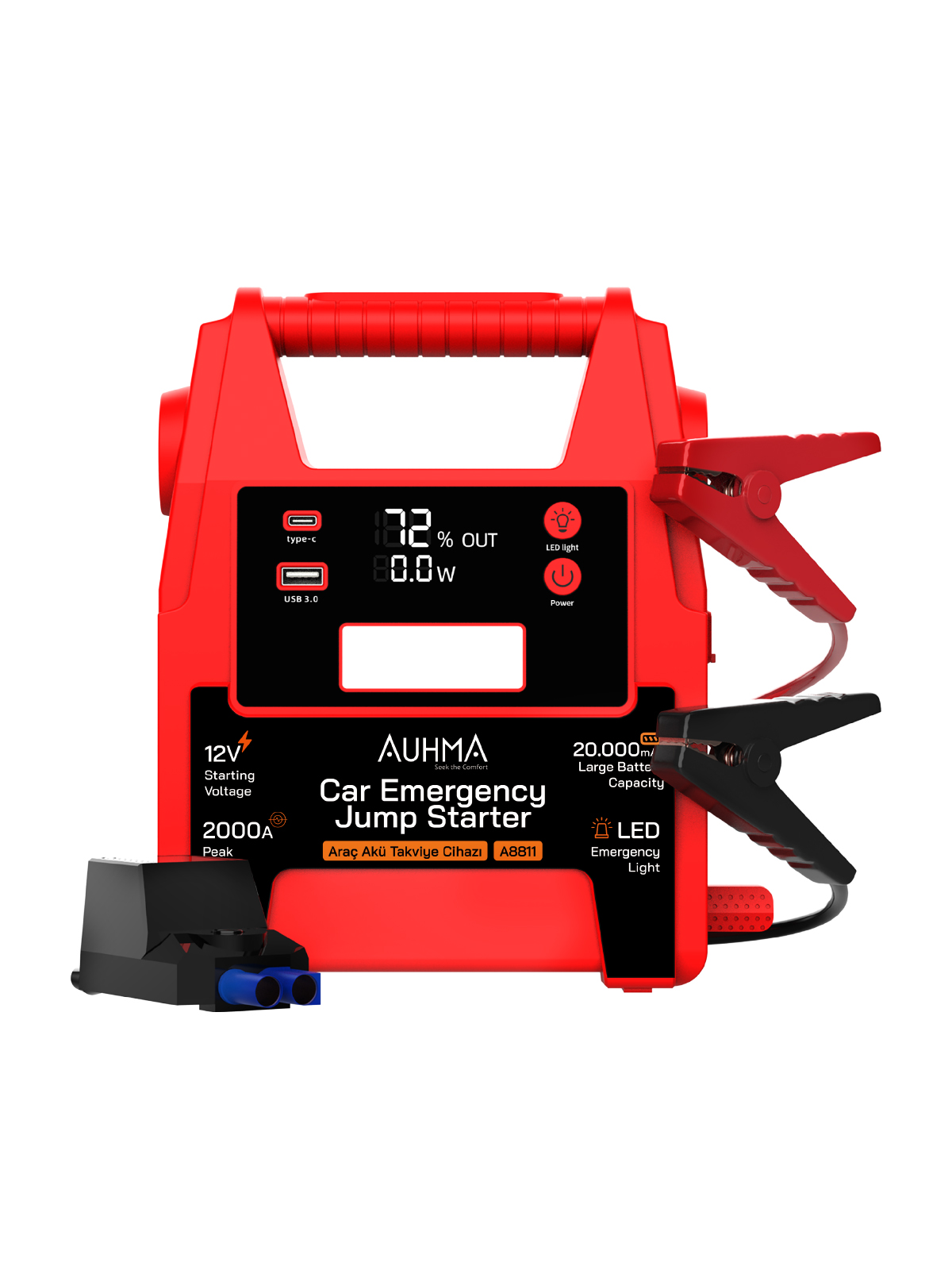 AUHMA A8811 12V Car Emergency Jump Starter 20000mAh Akü Takviye Cihazı Powerbank LED Fenerli Araç Acil Marş Basma Cihazı