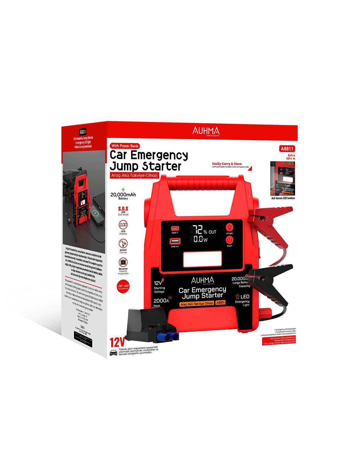 AUHMA A8811 12V Car Emergency Jump Starter 20000mAh Akü Takviye Cihazı Powerbank LED Fenerli Araç Acil Marş Basma Cihazı
