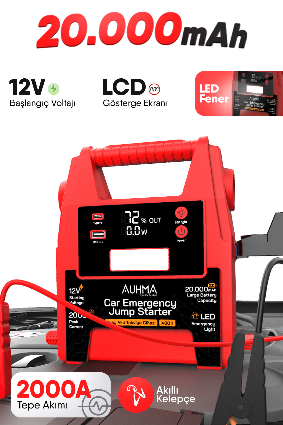 AUHMA A8811 12V Car Emergency Jump Starter 20000mAh Akü Takviye Cihazı Powerbank LED Fenerli Araç Acil Marş Basma Cihazı