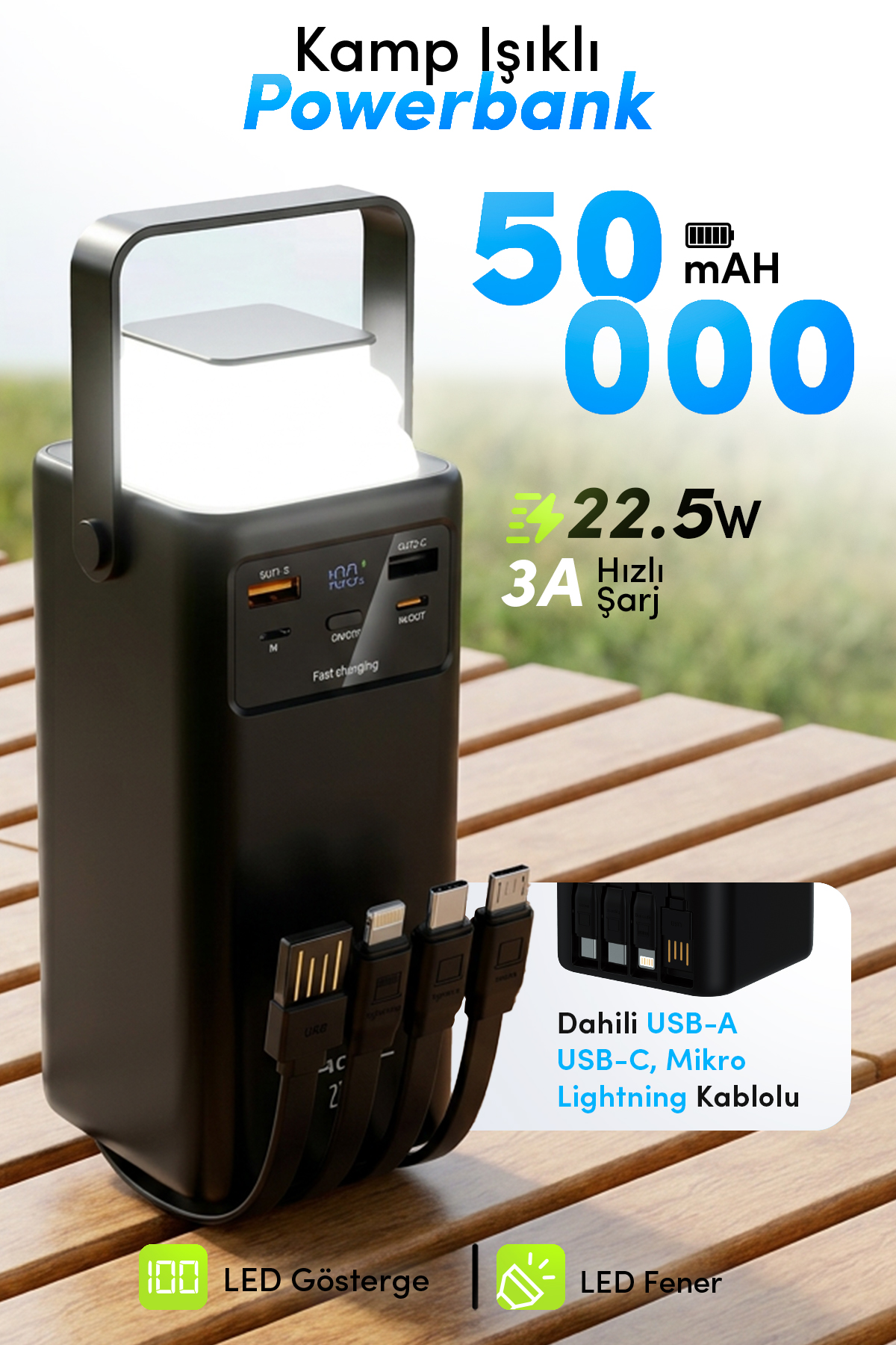 ACL PW-113 50000mAh 22.5W Hızlı Şarjlı Outdoor Powerbank Kamp Lambalı Dahili Kablolu Taşınabilir Şarj Cihazı