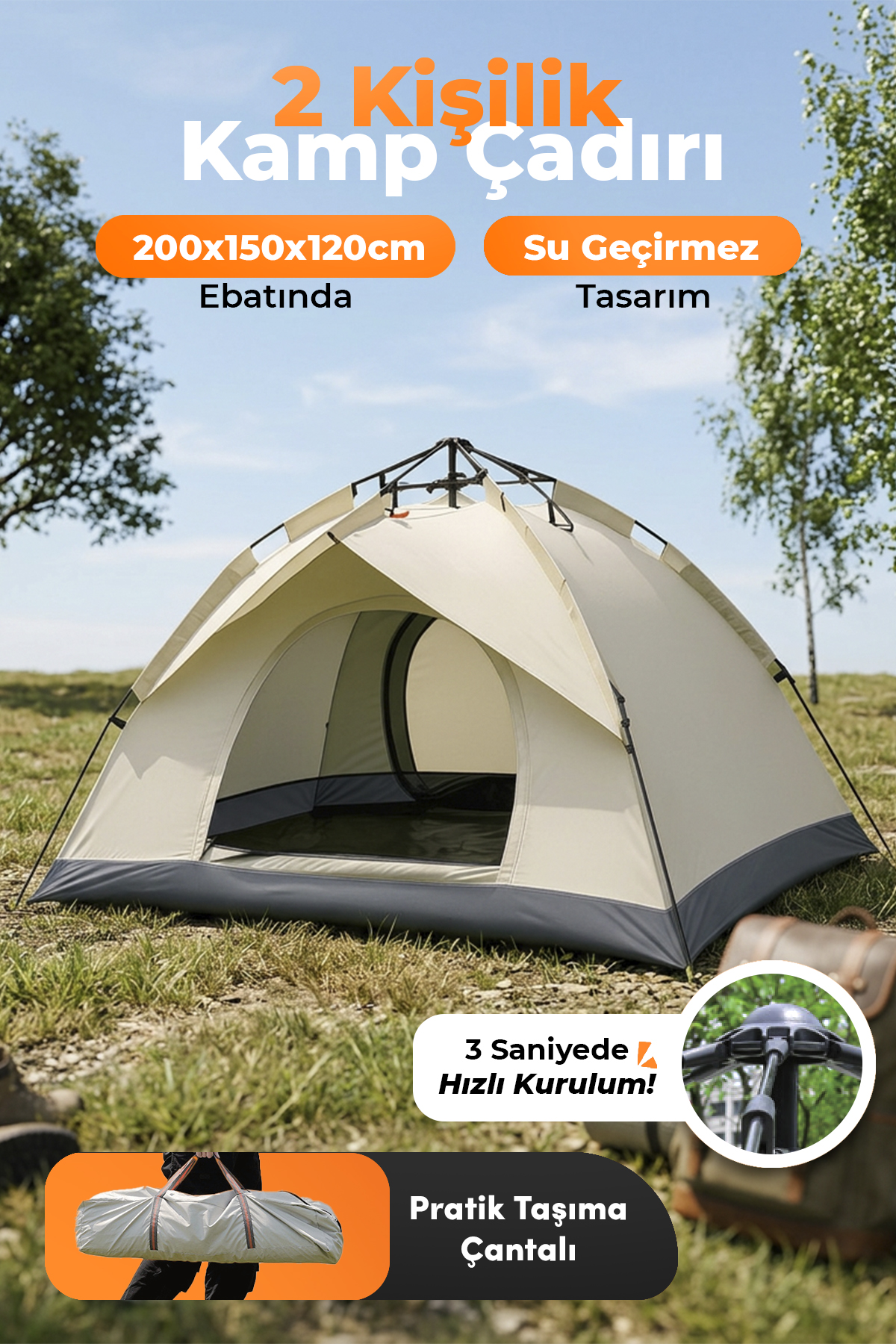 Auhma Outdoor AC6634 Otomatik Kamp Çadırı Krem 200x150x120 cm Çift Katmanlı Su Geçirmez 3 Saniyede Kurulum Kamp Çadırı