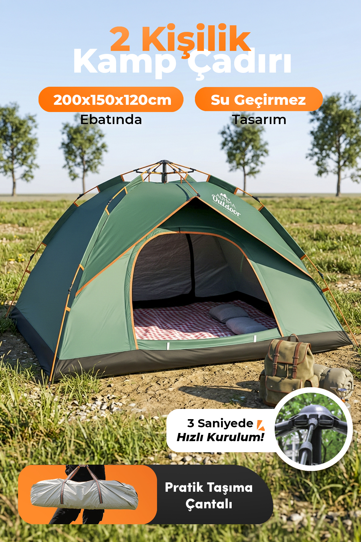 Auhma Outdoor AC6634 Otomatik Kamp Çadırı Yeşil 200x150x120 cm Çift Katmanlı Su Geçirmez 3 Saniyede Kurulum Kamp Çadırı