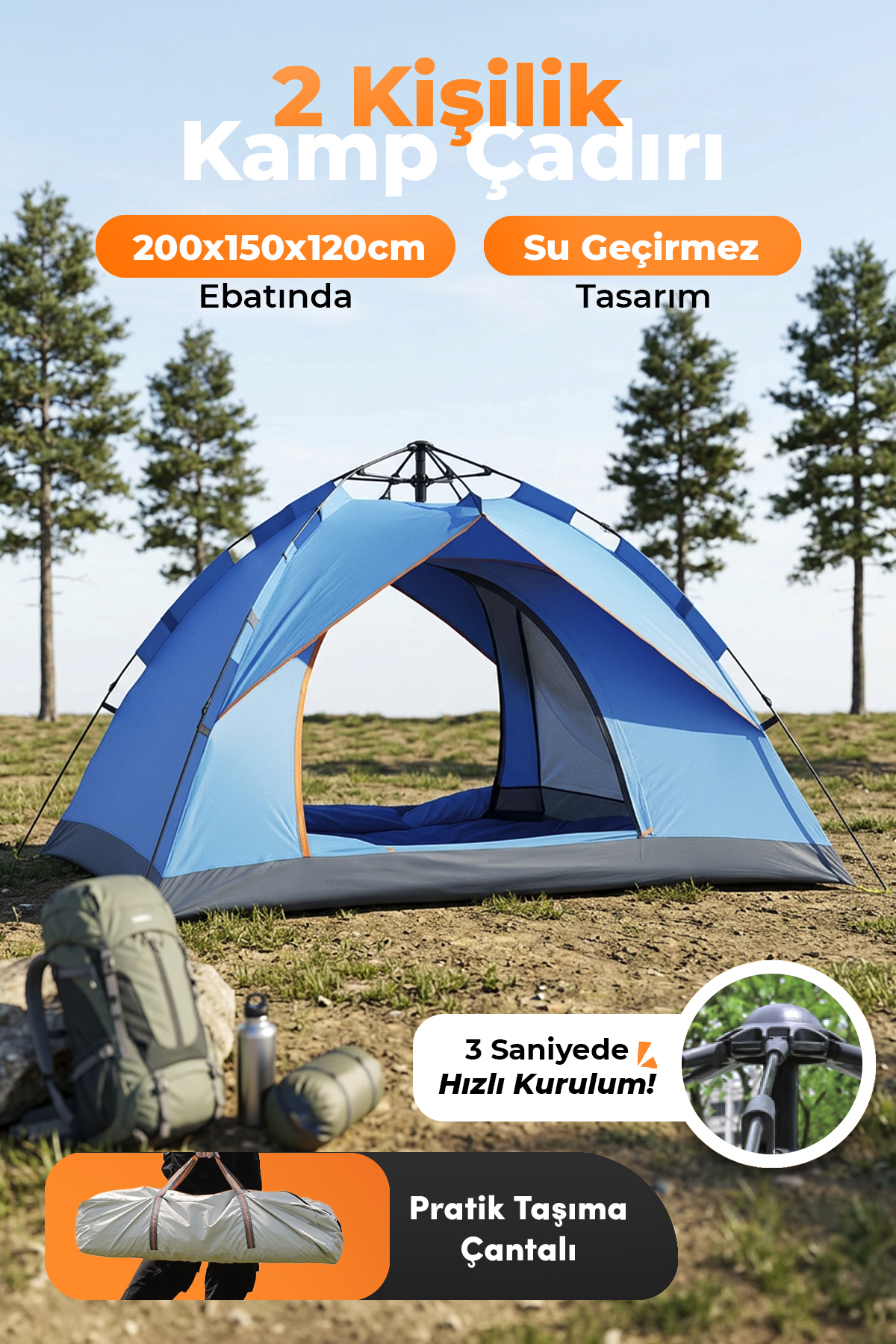 Auhma Outdoor AC6634 Otomatik Kamp Çadırı Mavi 200x150x120 cm Çift Katmanlı Su Geçirmez 3 Saniyede Kurulum Kamp Çadırı