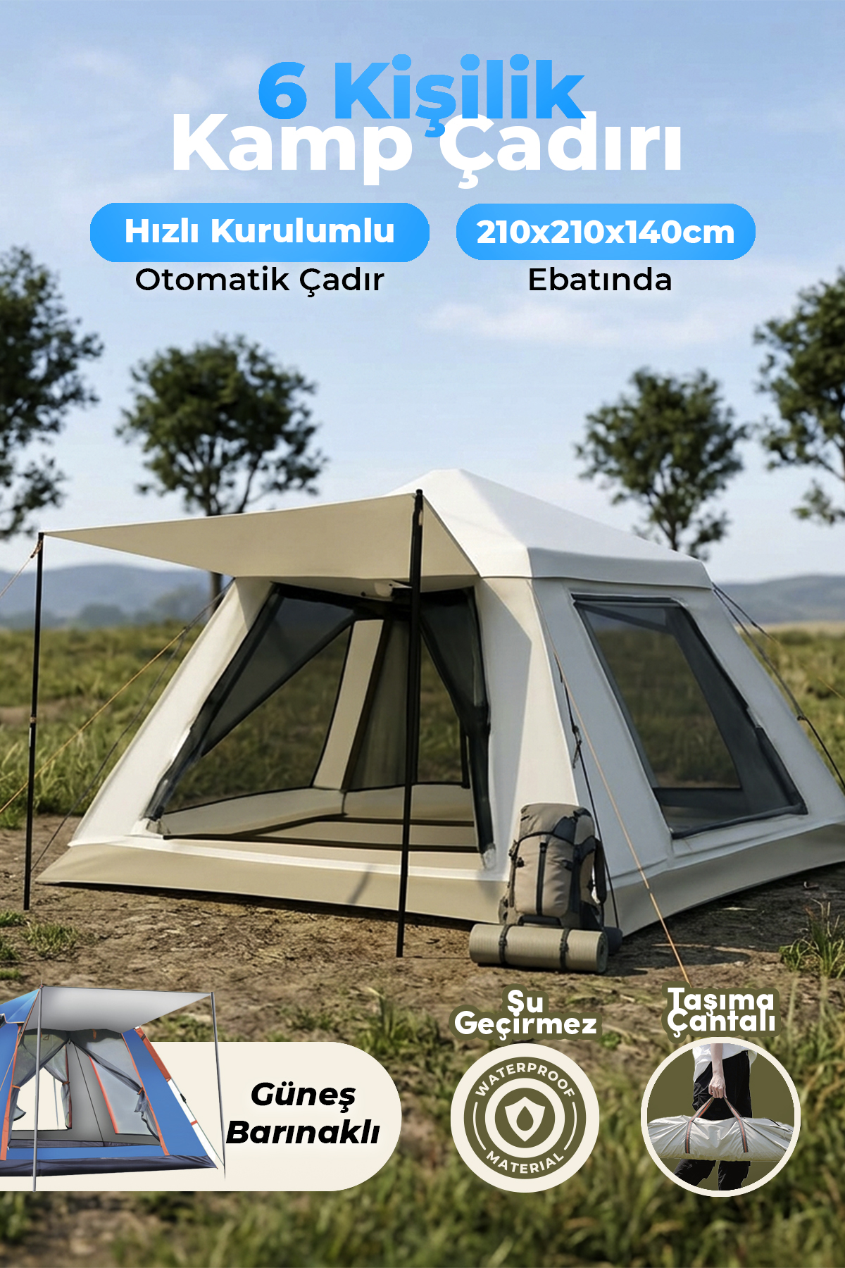 AUHMA Outdoor AC6636 6 Kişilik Otomatik Kamp Çadırı Krem 210x210x140 cm | Su Geçirmez Oxford Kumaş | Güneşlikli Hızlı Kurulum Kamp Çadırı