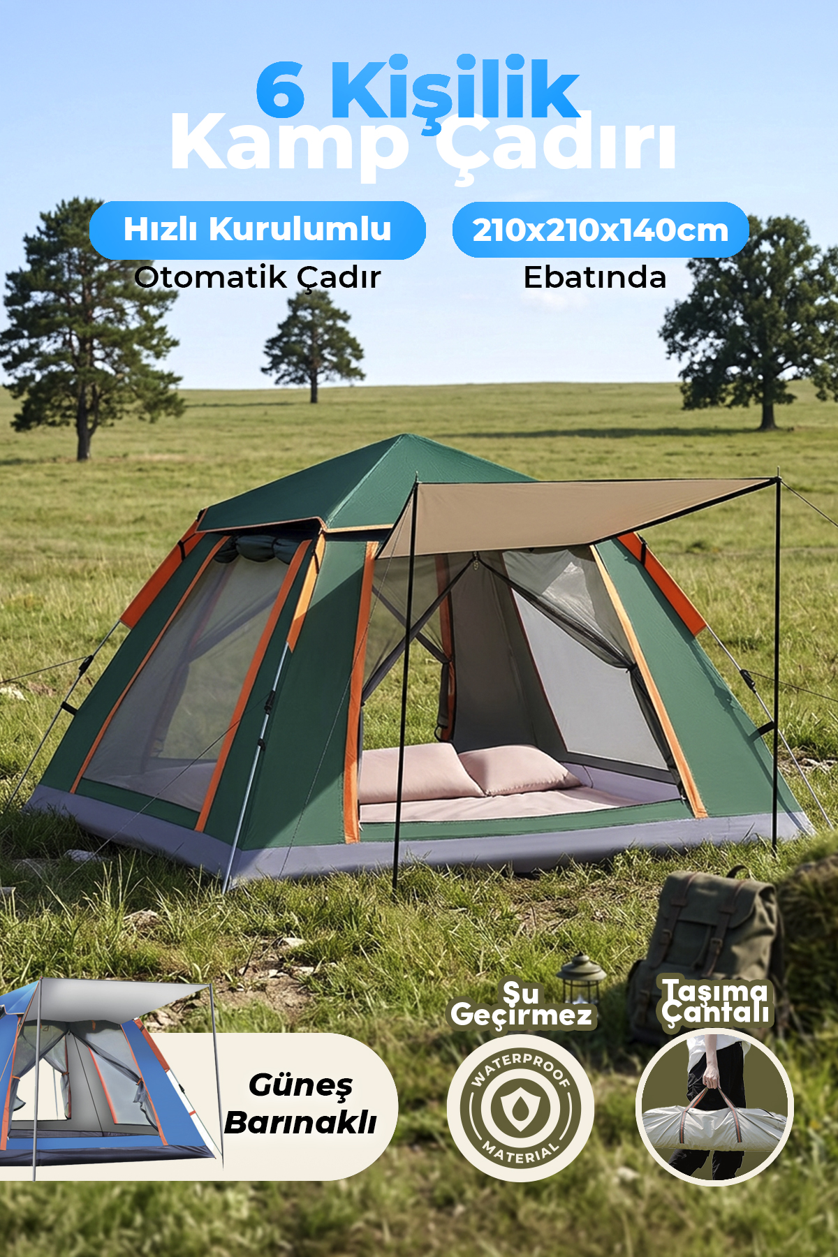 AUHMA Outdoor AC6636 6 Kişilik Otomatik Kamp Çadırı Yeşil 210x210x140 cm | Su Geçirmez Oxford Kumaş | Güneşlikli Hızlı Kurulum Kamp Çadırı