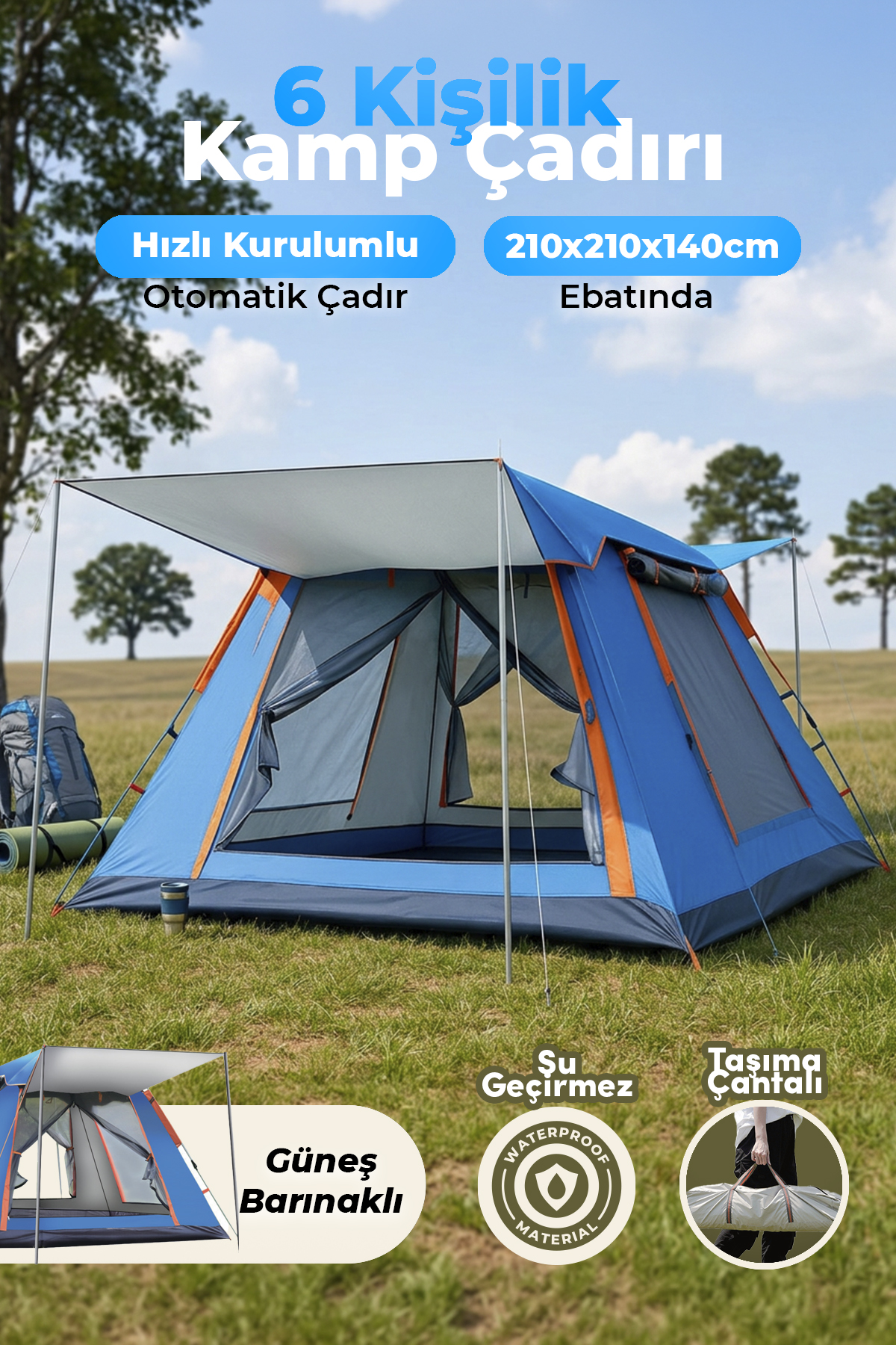 AUHMA Outdoor AC6636 6 Kişilik Otomatik Kamp Çadırı Mavi 210x210x140 cm | Su Geçirmez Oxford Kumaş | Güneşlikli Hızlı Kurulum Kamp Çadırı