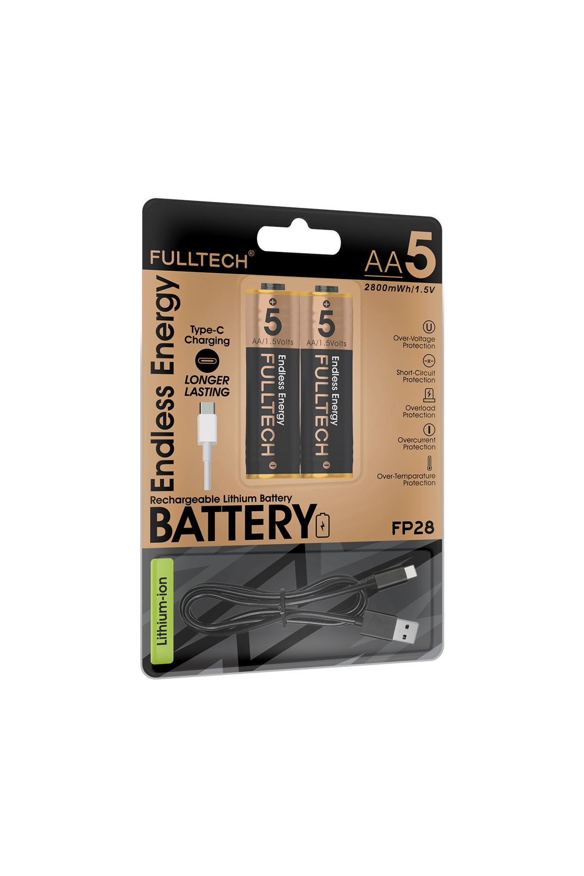 Fulltech FP28 Şarjlı AA Pil 2800mWh 1.5V Type-C Lithium-ion Rechargeable Battery 2’li Paket Hızlı Şarjlı Kalem Pil