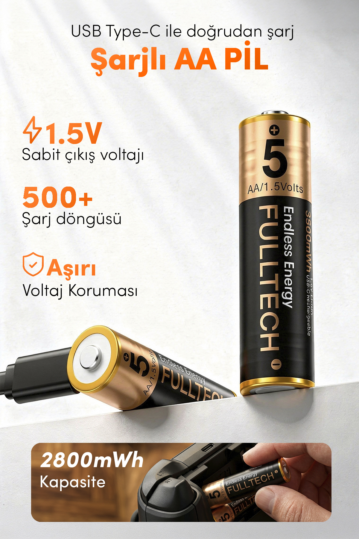 Fulltech FP28 Şarjlı AA Pil 2800mWh 1.5V Type-C Lithium-ion Rechargeable Battery 2’li Paket Hızlı Şarjlı Kalem Pil