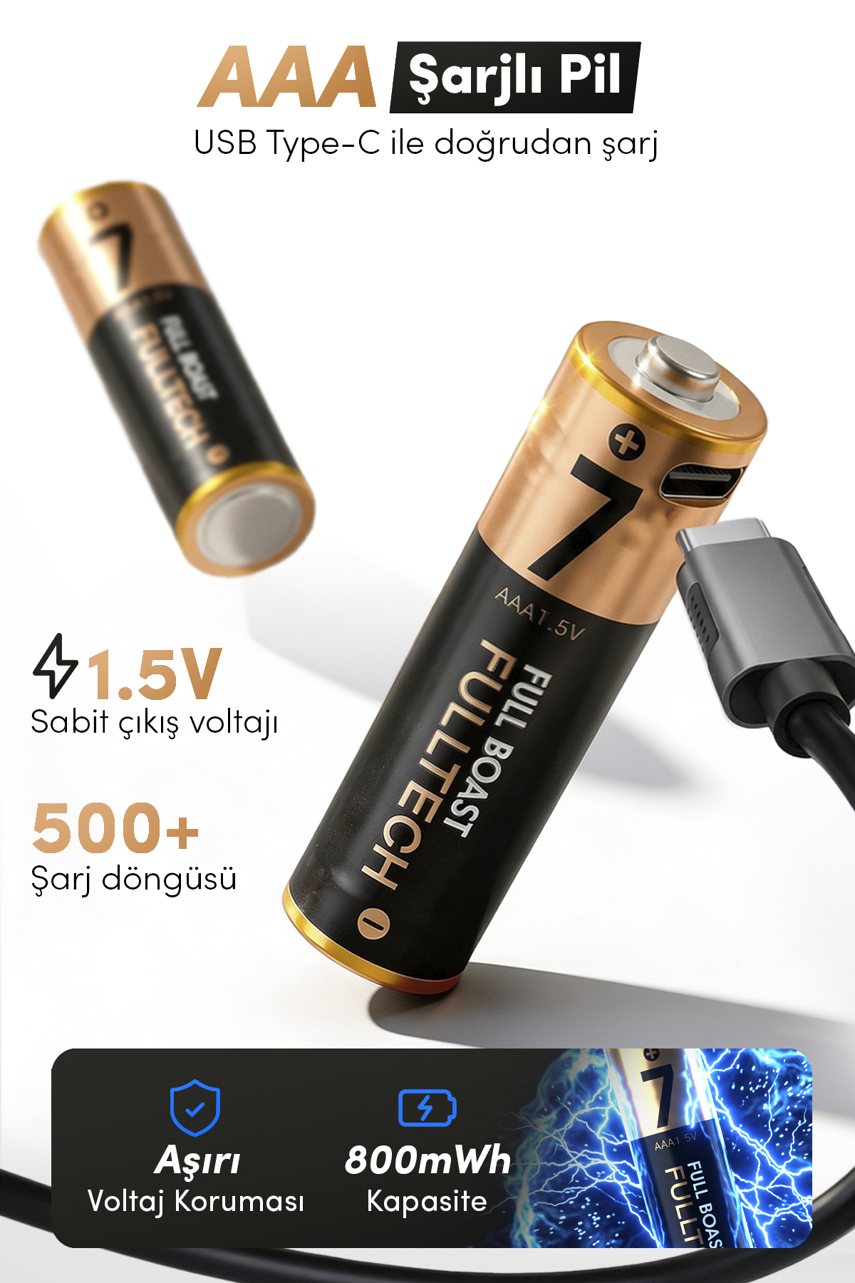 FULLTECH FP29 AAA Şarjlı Pil 2’li Set 800mWh 1.5V Type-C Şarjlı Lityum Pil Uzun Ömürlü Hızlı Şarj Edilebilir Pil