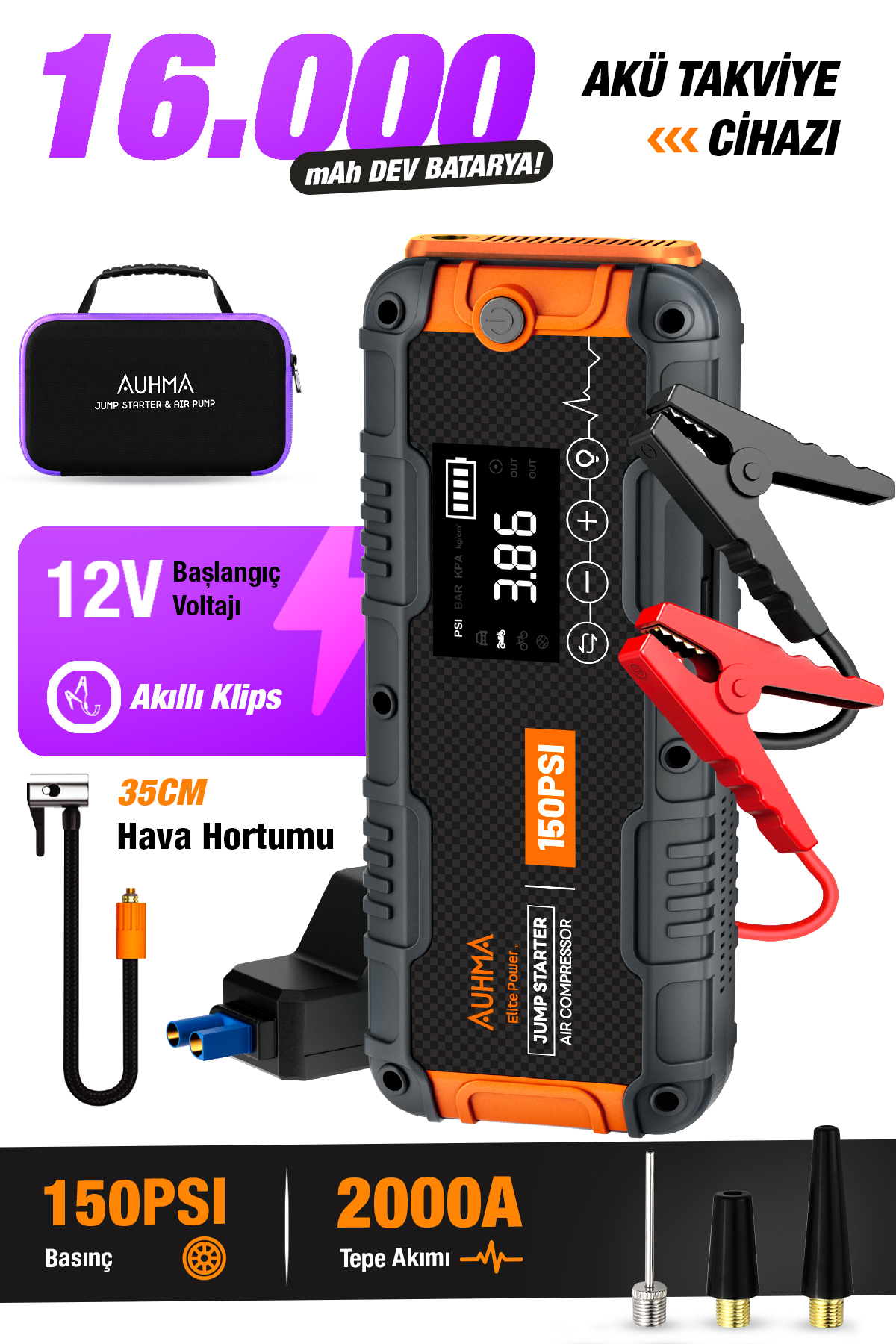 Auhma A9955 16000mAh Araç Akü Takviye Cihazı ve Hava Kompresörü – 150 PSI Dijital Şarjlı Oto Lastik Şişirme Pompası Powerbank Özellikli Jump Starter