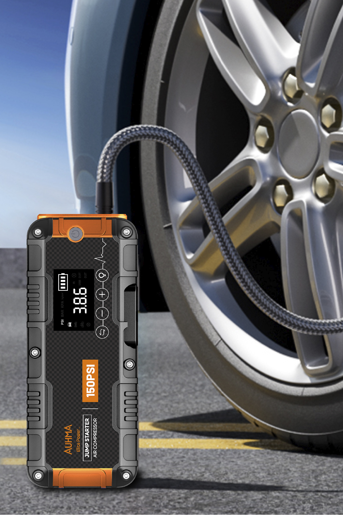 Auhma A9955 16000mAh Araç Akü Takviye Cihazı ve Hava Kompresörü – 150 PSI Dijital Şarjlı Oto Lastik Şişirme Pompası Powerbank Özellikli Jump Starter