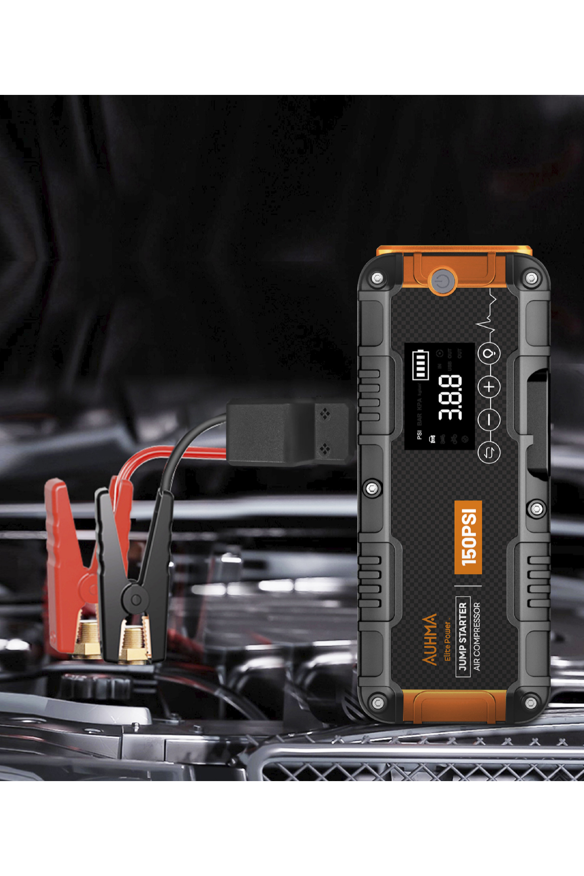 Auhma A9955 16000mAh Araç Akü Takviye Cihazı ve Hava Kompresörü – 150 PSI Dijital Şarjlı Oto Lastik Şişirme Pompası Powerbank Özellikli Jump Starter