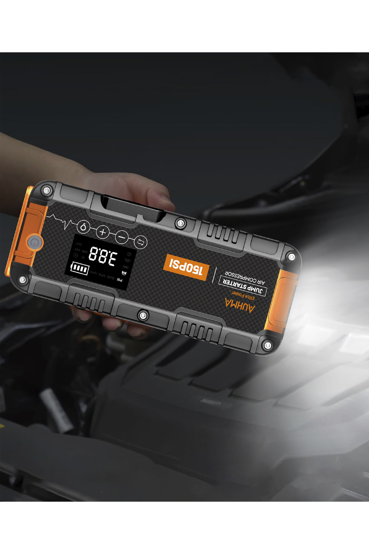 Auhma A9955 16000mAh Araç Akü Takviye Cihazı ve Hava Kompresörü – 150 PSI Dijital Şarjlı Oto Lastik Şişirme Pompası Powerbank Özellikli Jump Starter