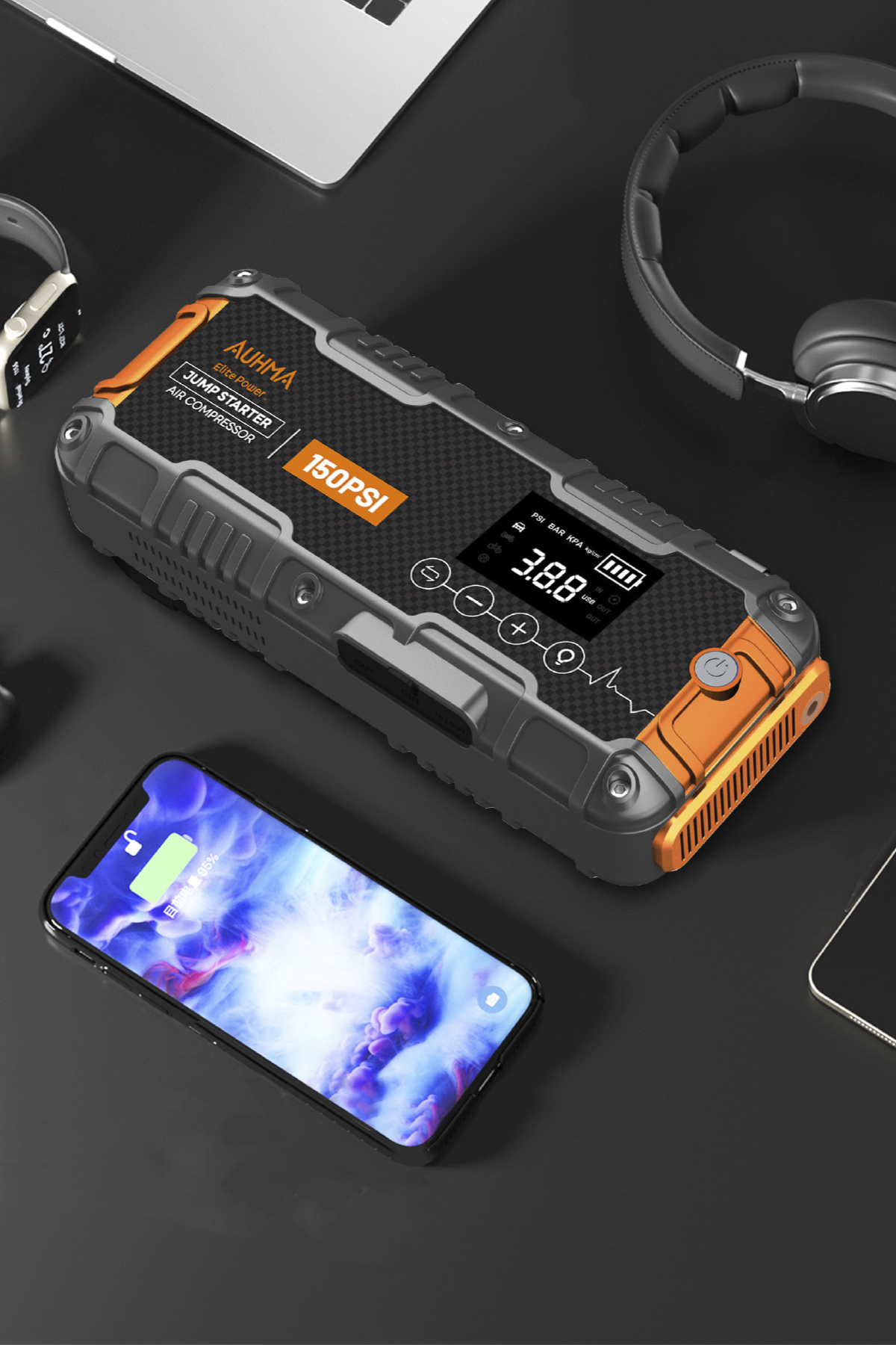 Auhma A9955 16000mAh Araç Akü Takviye Cihazı ve Hava Kompresörü – 150 PSI Dijital Şarjlı Oto Lastik Şişirme Pompası Powerbank Özellikli Jump Starter