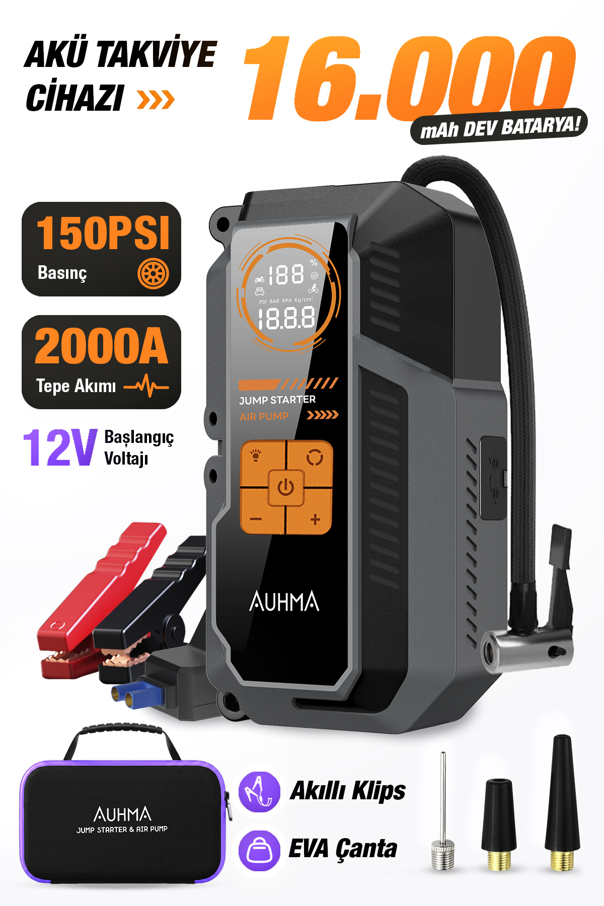 Auhma A9944 Araç Takviye Cihazı & Hava Kompresörü 12000mAh Powerbankli 150 PSI Akıllı Akü Booster Taşınabilir Lastik Şişirme Pompası