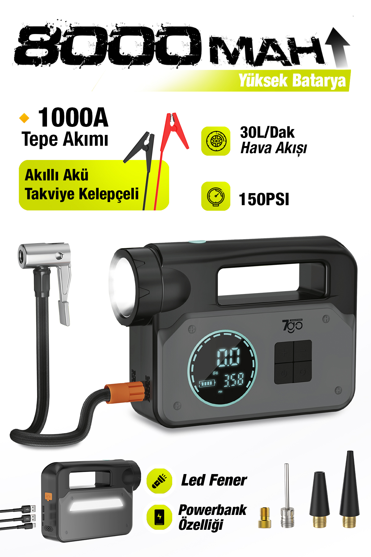 7GO 7A2 8000mAh Akü Takviyeli Hava Pompası 1000A Jump Starter, 150 PSI Dijital Lastik Şişirme Kompresörü, LED Fenerli Powerbank