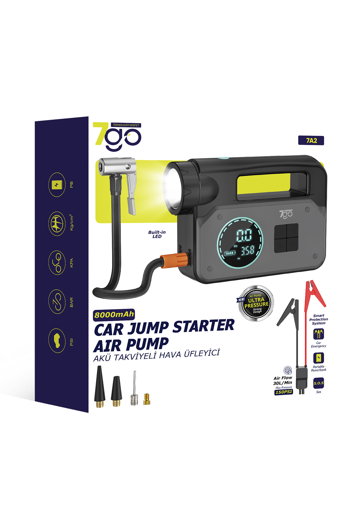 7GO 7A2 8000mAh Akü Takviyeli Hava Pompası 1000A Jump Starter, 150 PSI Dijital Lastik Şişirme Kompresörü, LED Fenerli Powerbank