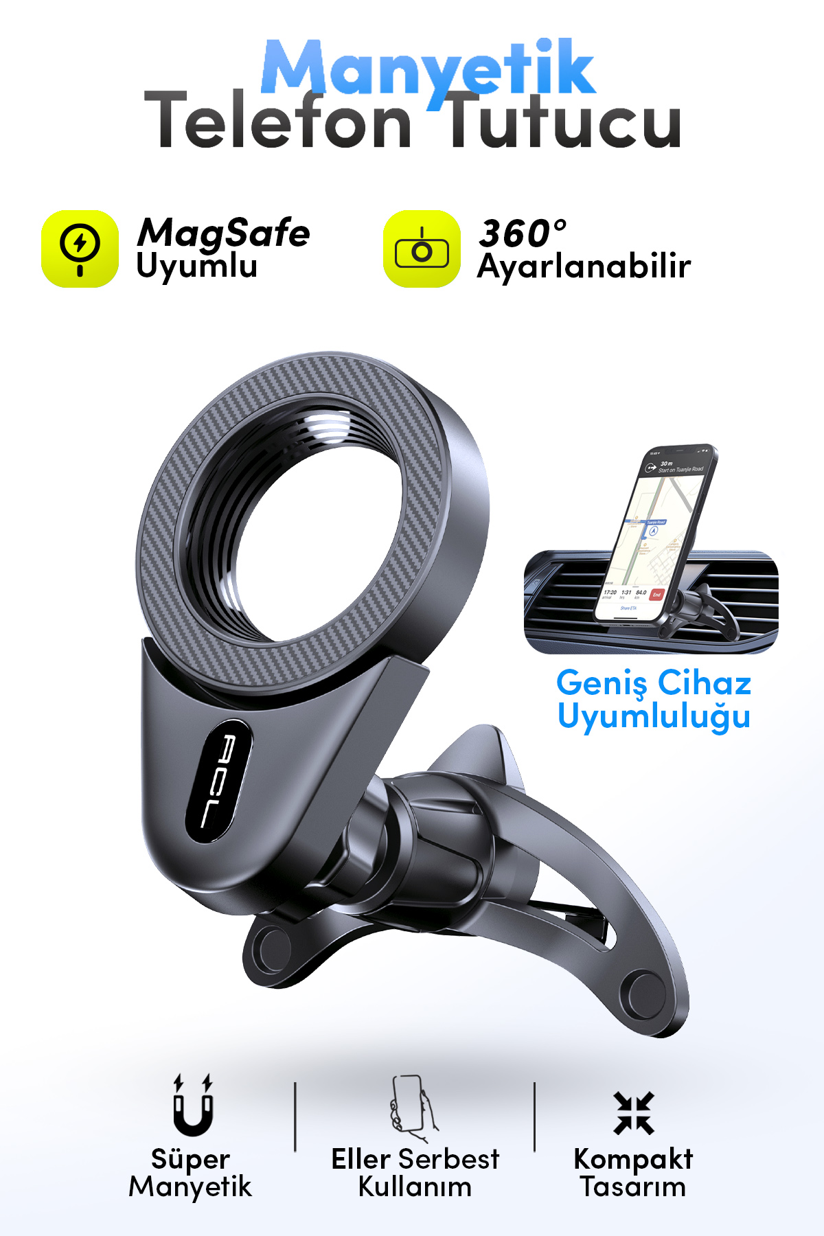 ACL T-111 MagSafe Manyetik Araç İçi Telefon Tutucu – Havalandırma Izgarası Uyumlu, Katlanabilir, 360° Ayarlanabilir, Güçlü Mıknatıslı Telefon Tutacağı