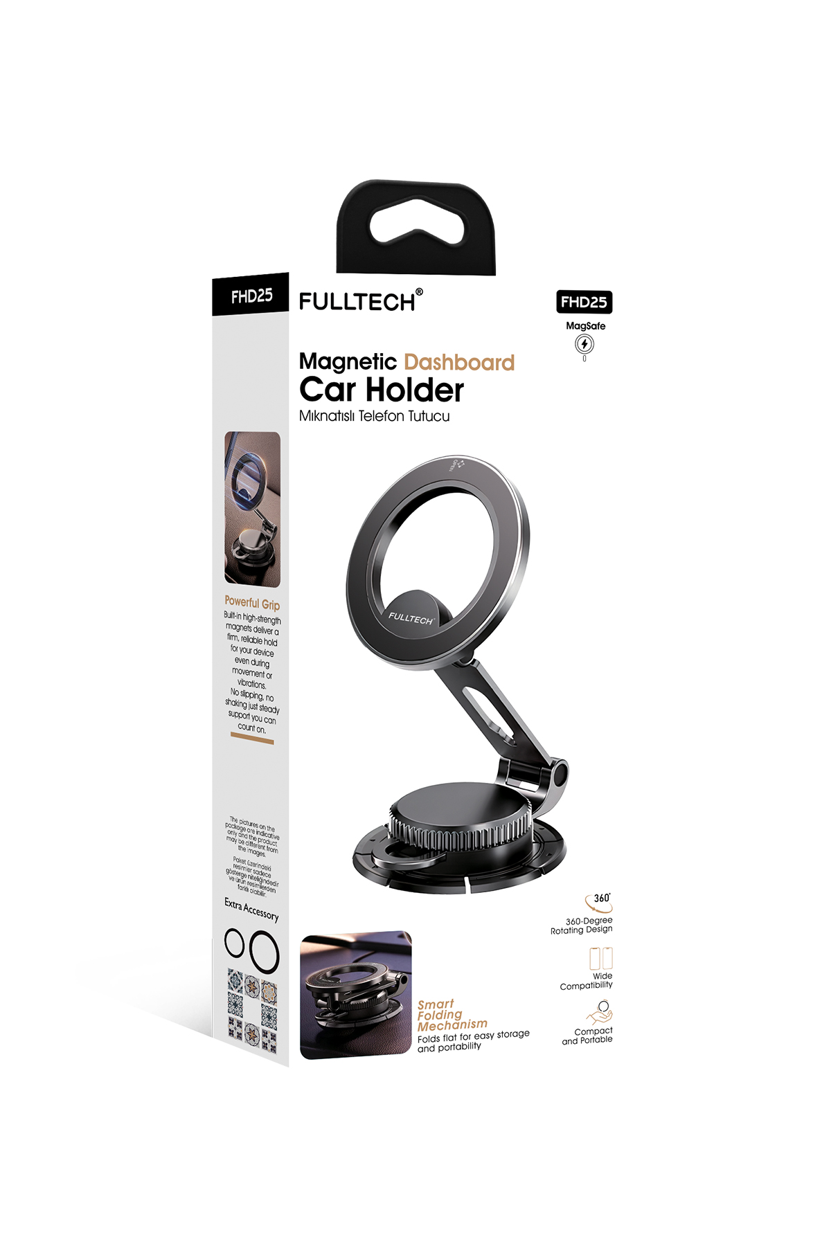 FULLTECH FHD25 MagSafe Manyetik Araç İçi Telefon Tutucu 360° Döner Dashboard & Cam Uyumlu Katlanabilir Telefon Standı