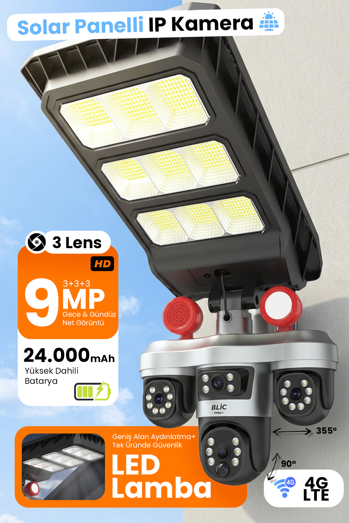 Blic BLM-102 4G LTE 13W Solar 3 Lens 9MP Dış Mekan IP Kamera – Güneş Panelli Kablosuz Güvenlik Kamerası