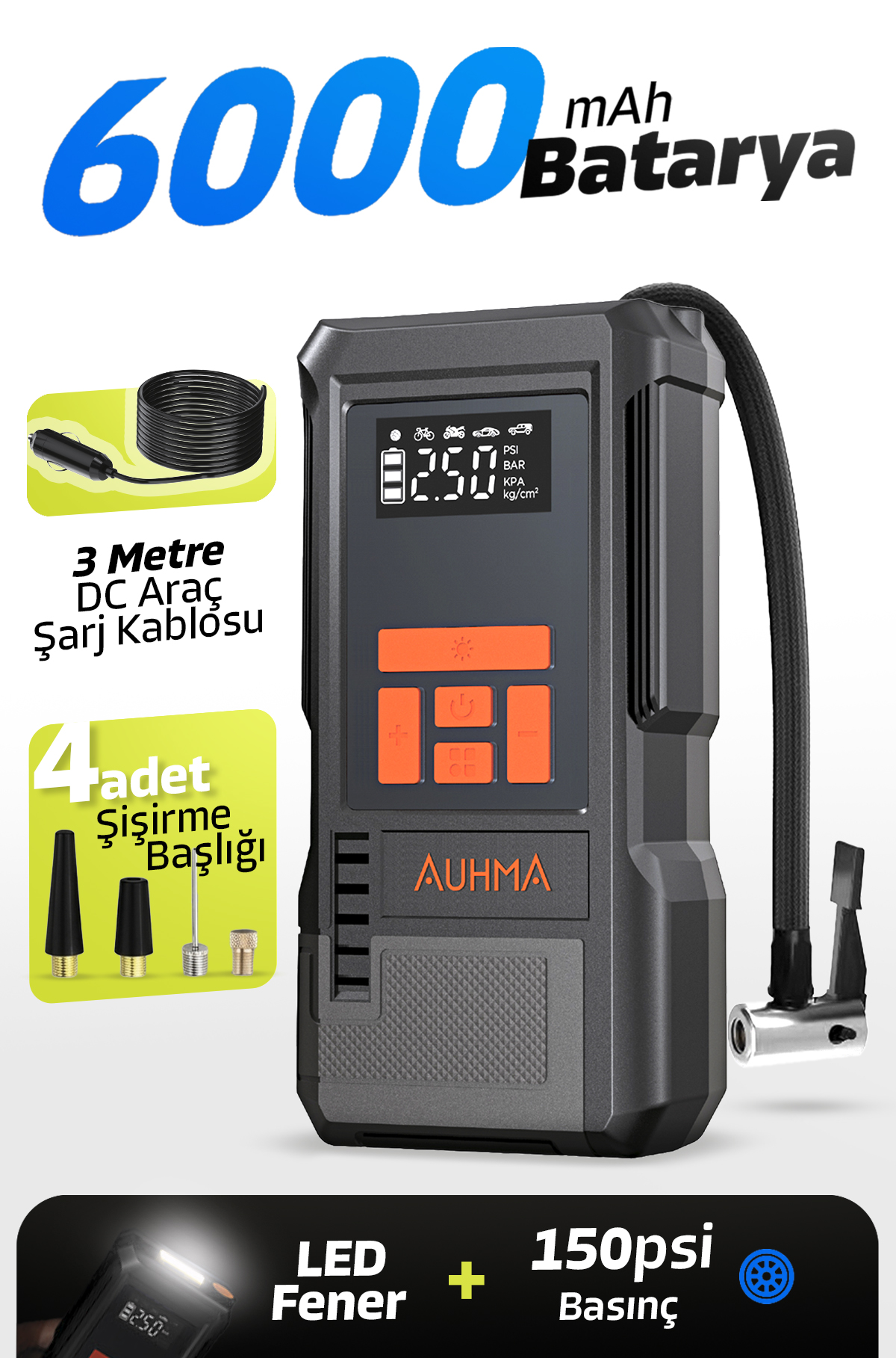 AUHMA A9922 Taşınabilir Şarjlı Hava Pompası 150 PSI 6000 mAh LCD Göstergeli LED Fenerli Araç Lastik Şişirme Kompresörü