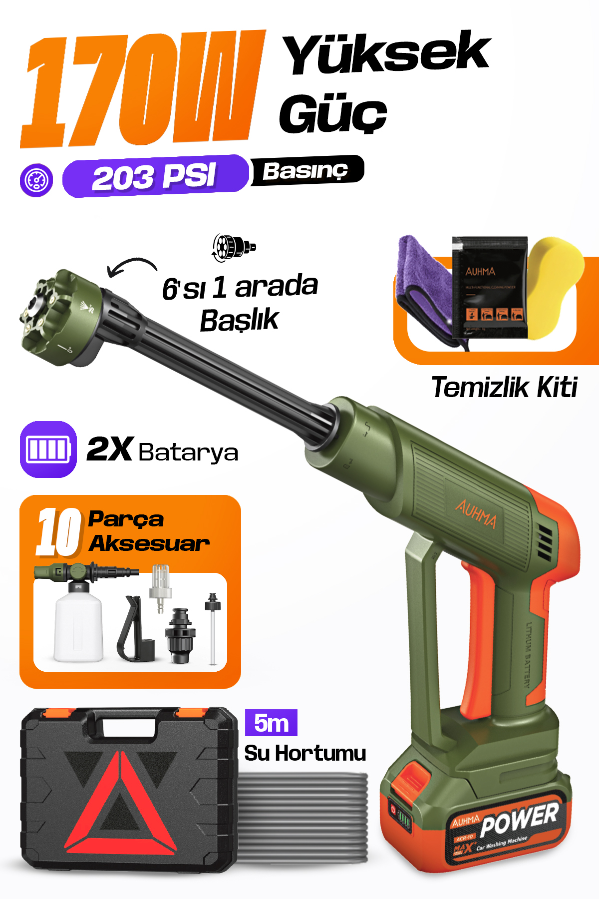 AUHMA ACR-10 Şarjlı Araç Yıkama Makinesi Yeşil 203 PSI 170W Basınçlı Oto Yıkama Seti | 3820 Fırçasız Motor, Çantalı, 2 Bataryalı, Köpük Hazneli, 5 Metre Hortumlu