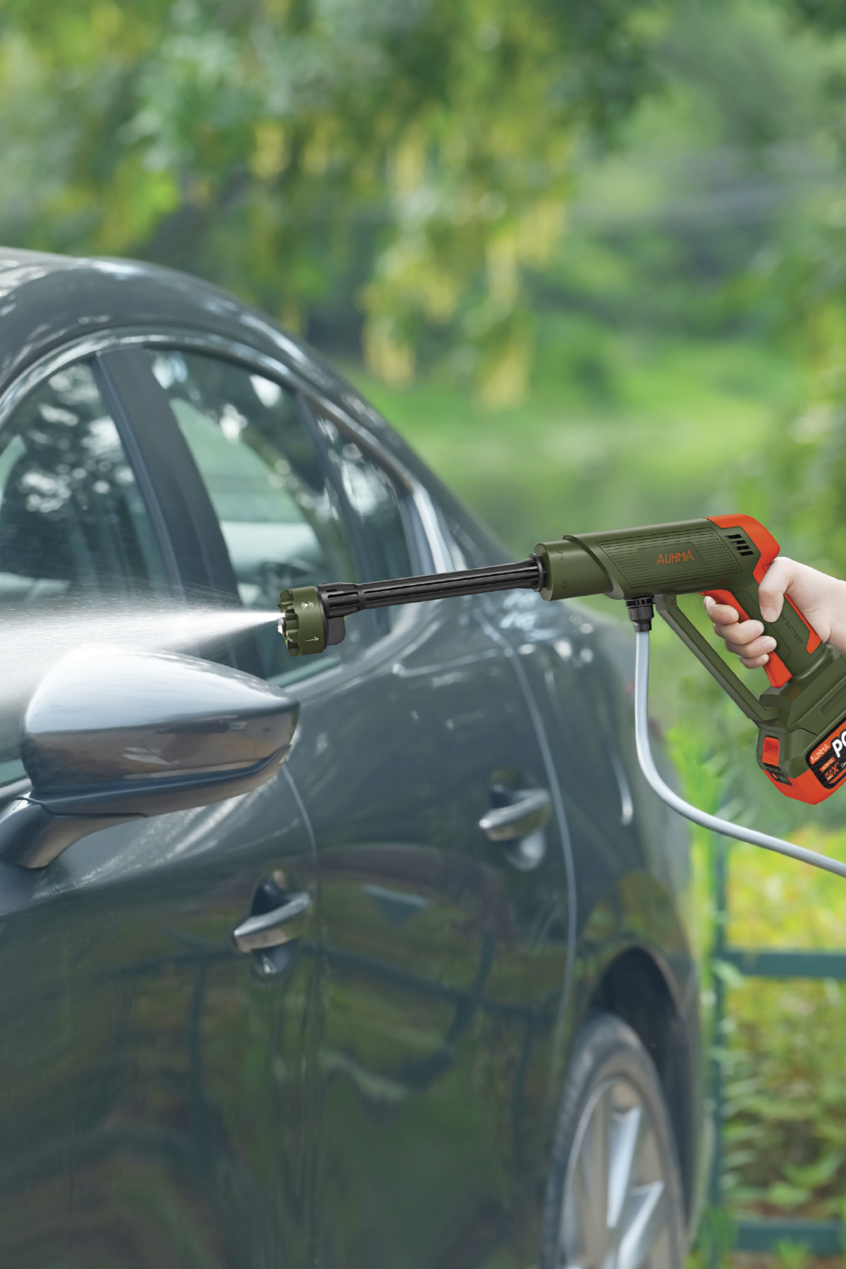 AUHMA ACR-10 Şarjlı Araç Yıkama Makinesi Yeşil 203 PSI 170W Basınçlı Oto Yıkama Seti | 3820 Fırçasız Motor, Çantalı, 2 Bataryalı, Köpük Hazneli, 5 Metre Hortumlu