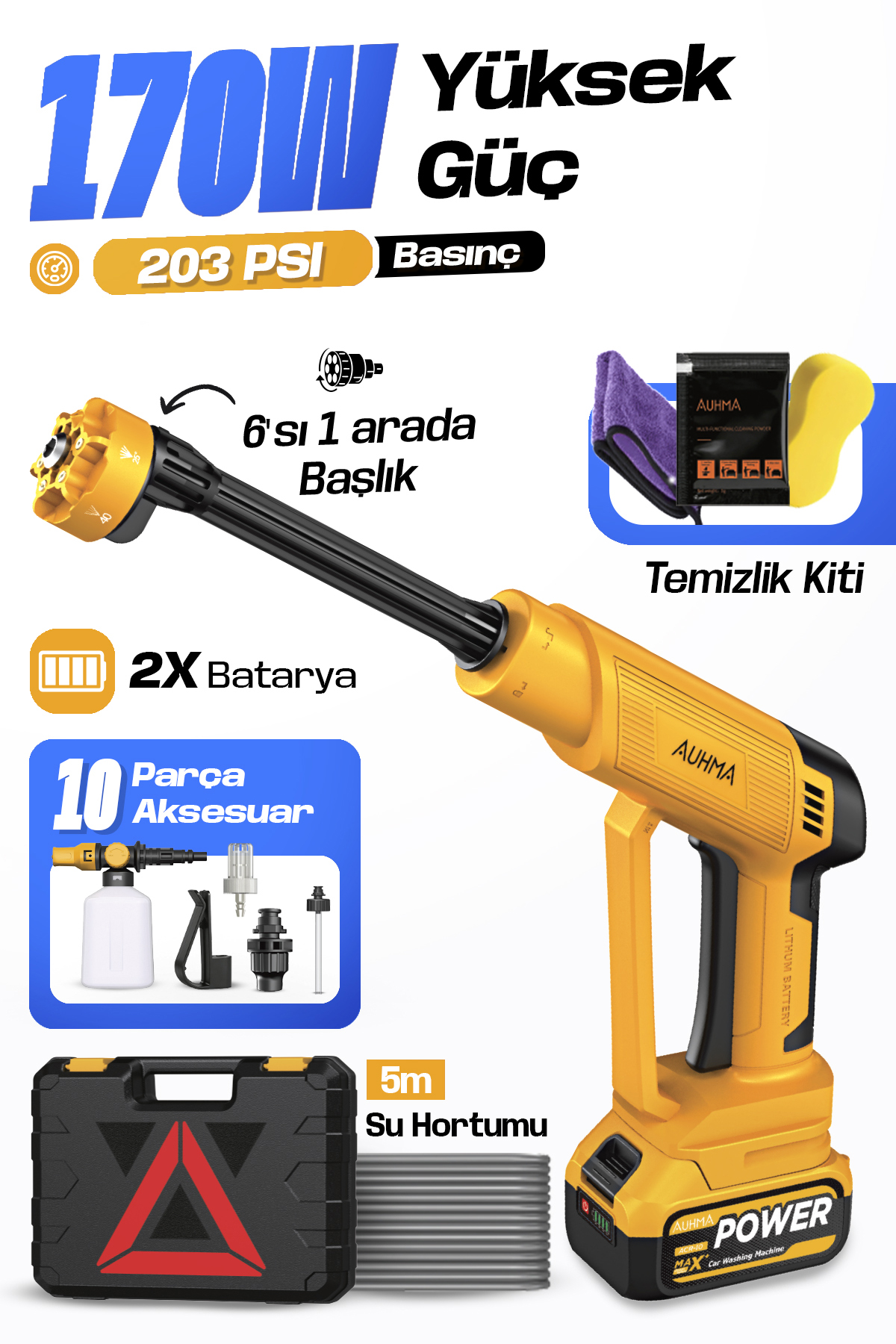 AUHMA ACR-10 Şarjlı Araç Yıkama Makinesi Sarı 203 PSI 170W Basınçlı Oto Yıkama Seti | 3820 Fırçasız Motor, Çantalı, 2 Bataryalı, Köpük Hazneli, 5 Metre Hortumlu