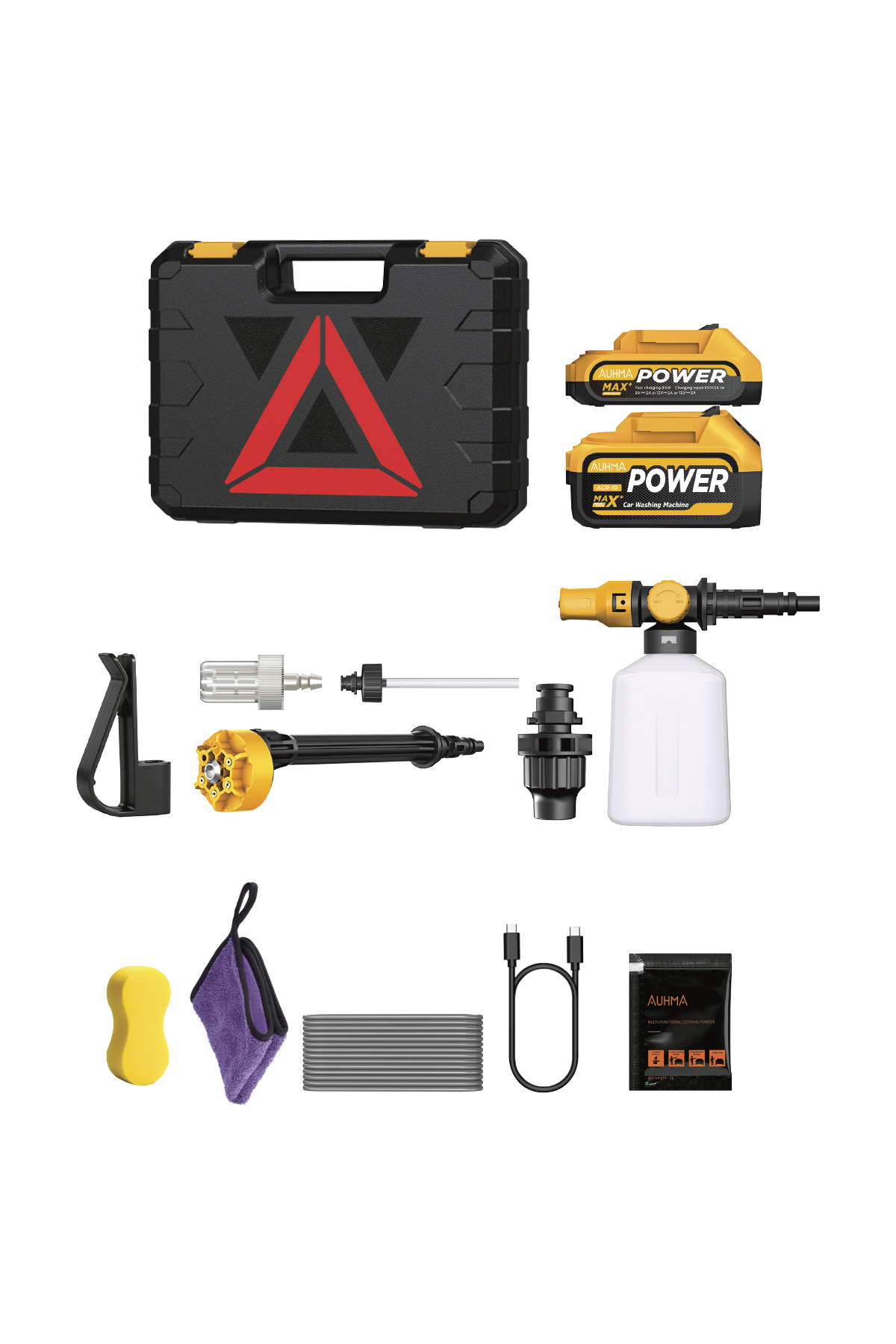 AUHMA ACR-10 Şarjlı Araç Yıkama Makinesi Sarı 203 PSI 170W Basınçlı Oto Yıkama Seti | 3820 Fırçasız Motor, Çantalı, 2 Bataryalı, Köpük Hazneli, 5 Metre Hortumlu