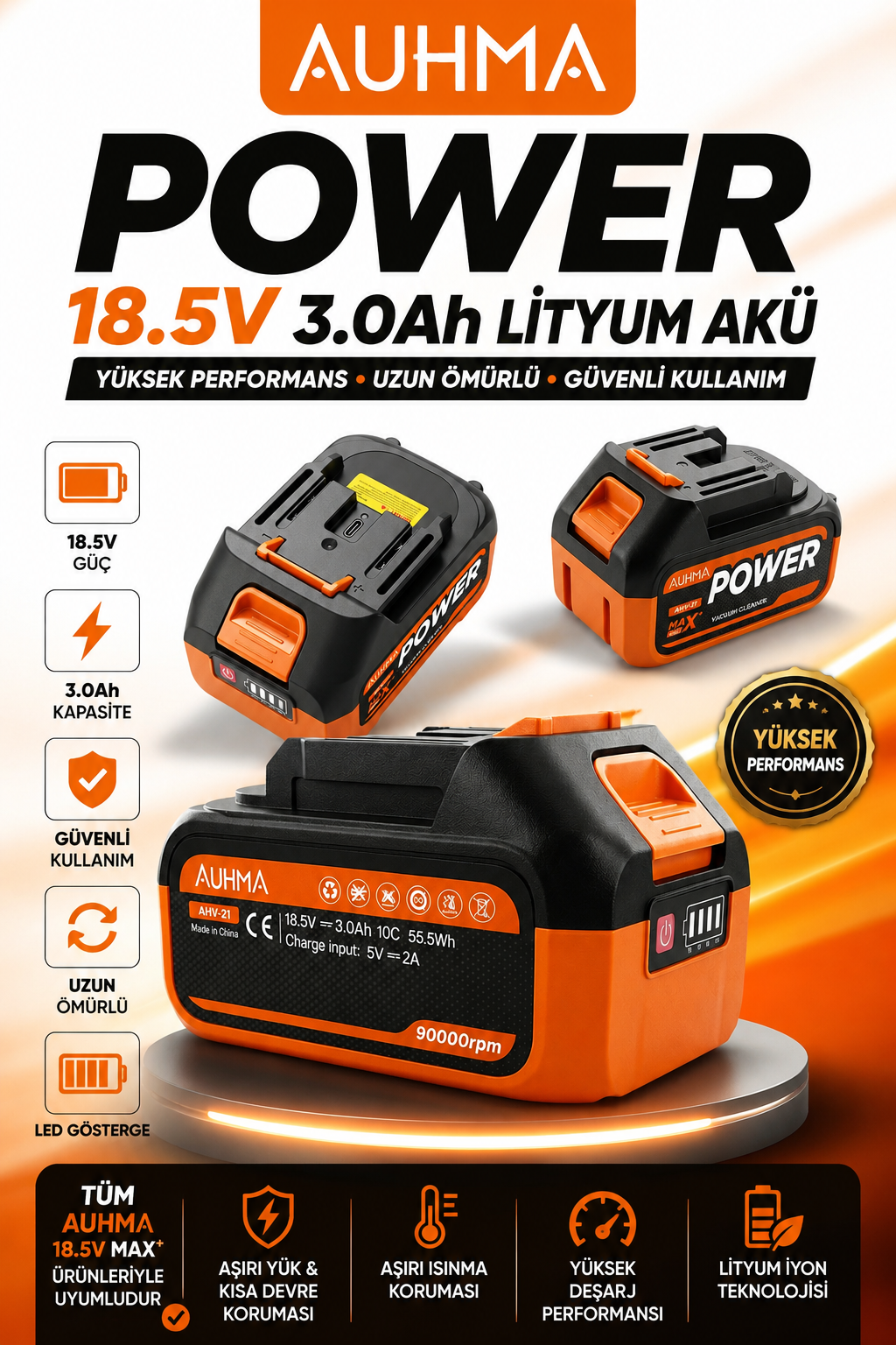 AUHMA AHV-21 18.5V 3.0Ah Li-Ion Şarjlı Batarya | Type-C Şarj Girişli, LED Göstergeli Yedek Süpürge Aküsü